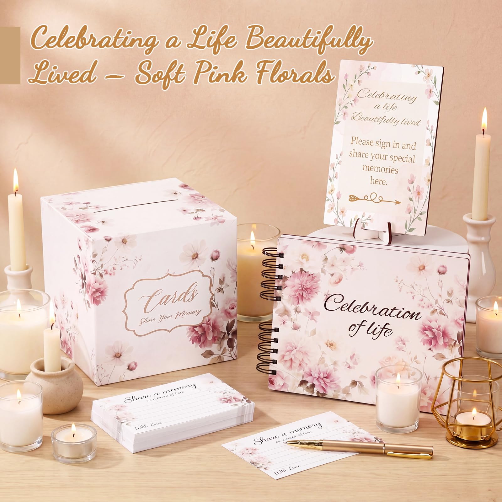 Engrowtic Juego de 64 libros de invitados funerarios para celebración de la vida, libro de invitados de madera en memoria amorosa con 60 tarjetas de memoria para compartir, caja de tarjetas, letrero