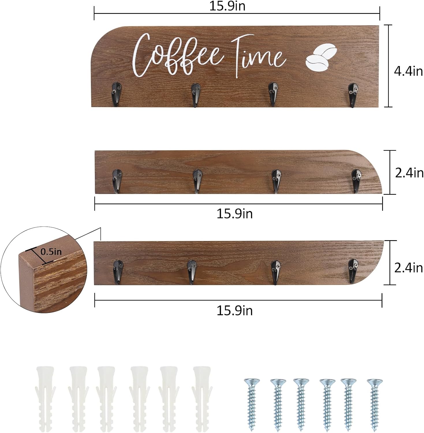 Coffee Hooks Coat Rack with 6 Mug Holders, Vintage Style, Rustic Wood, for Entryway, Living Room, Kitchen, Bathroom, Office, Hallway