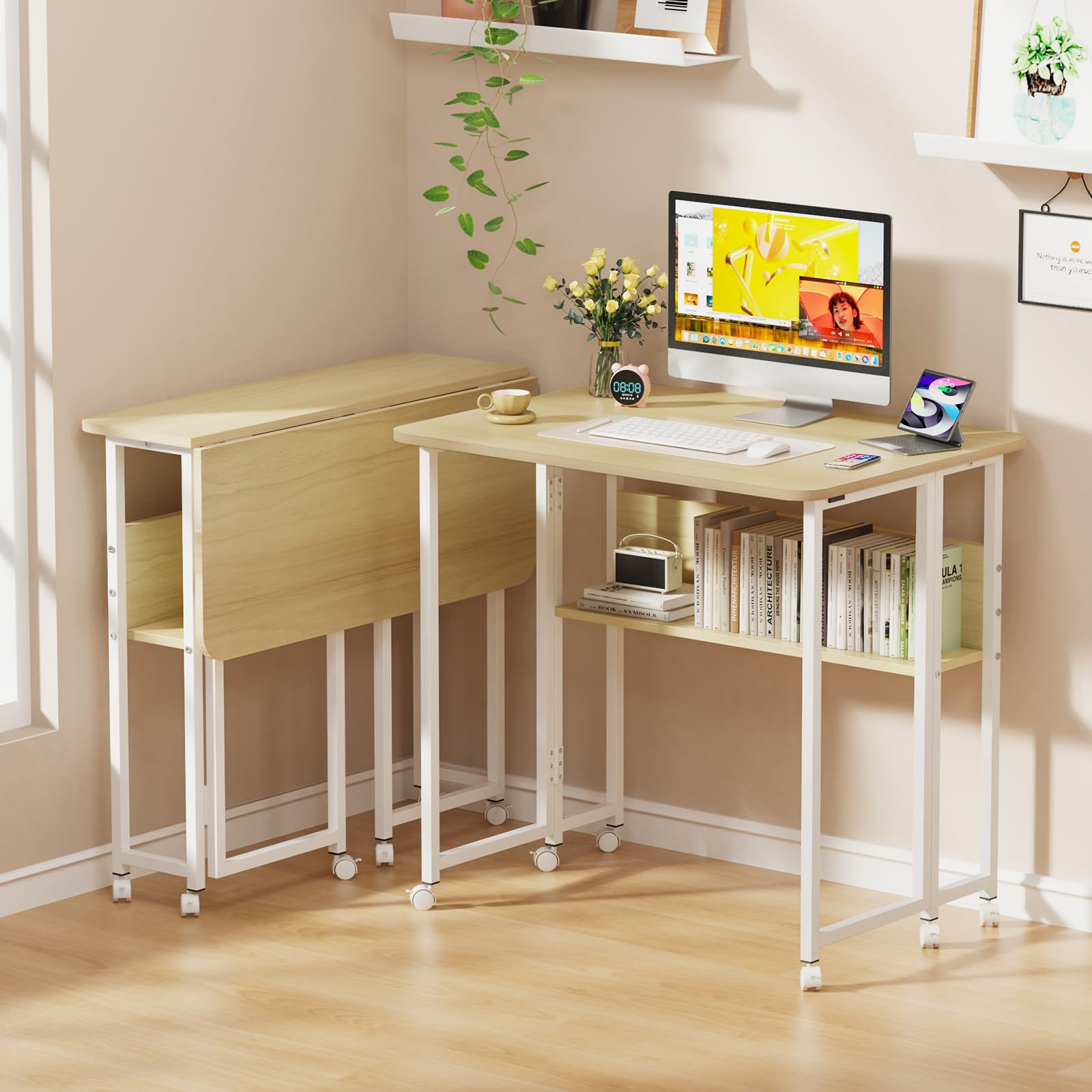 HUOLE - Tavolino per soggiorno, divano, esterno, regolabile in altezza, da appoggio per ufficio, per soggiorno, camera da letto, 80 x 58 x 75 cm - acero bianco