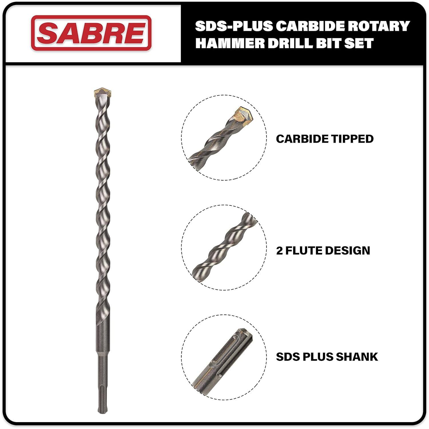 4-Piece 12 Inch SDS Plus Drill Bit Set, Carbide Tipped, Rotary Hammer Drill Bits for Brick, Stone, Concrete (5/8" x 12", 3/4" x 12", 7/8" x 12", 1" x 12")