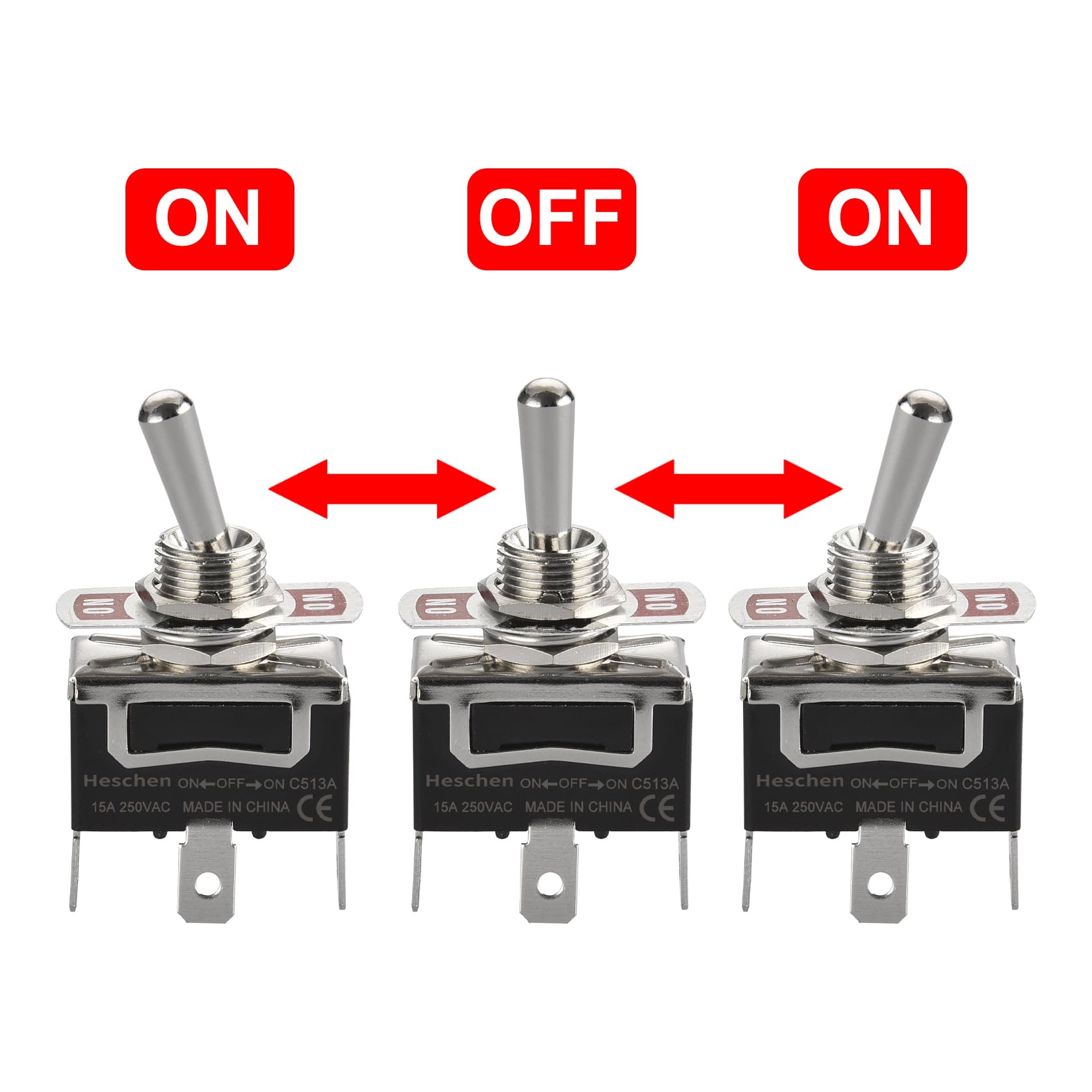 Heschen Tuimelschakelaar metaal, C513A, SPDT, stand, aan/uit/één 3 posities, 15A 250VAC, 3 tabs terminal, CE