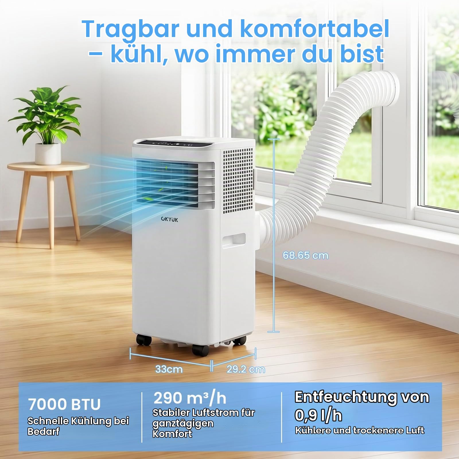 OKYUK Mobile Klimaanlage 7000 BTU mit Abluftschlauch | 4-in-1 Mobiles Klimagerät | Leiser Betrieb | Fernbedienung | Fenster-Installationsset | 24h-Timer | Für Räume bis 20 m² (7000BTU Weiß)
