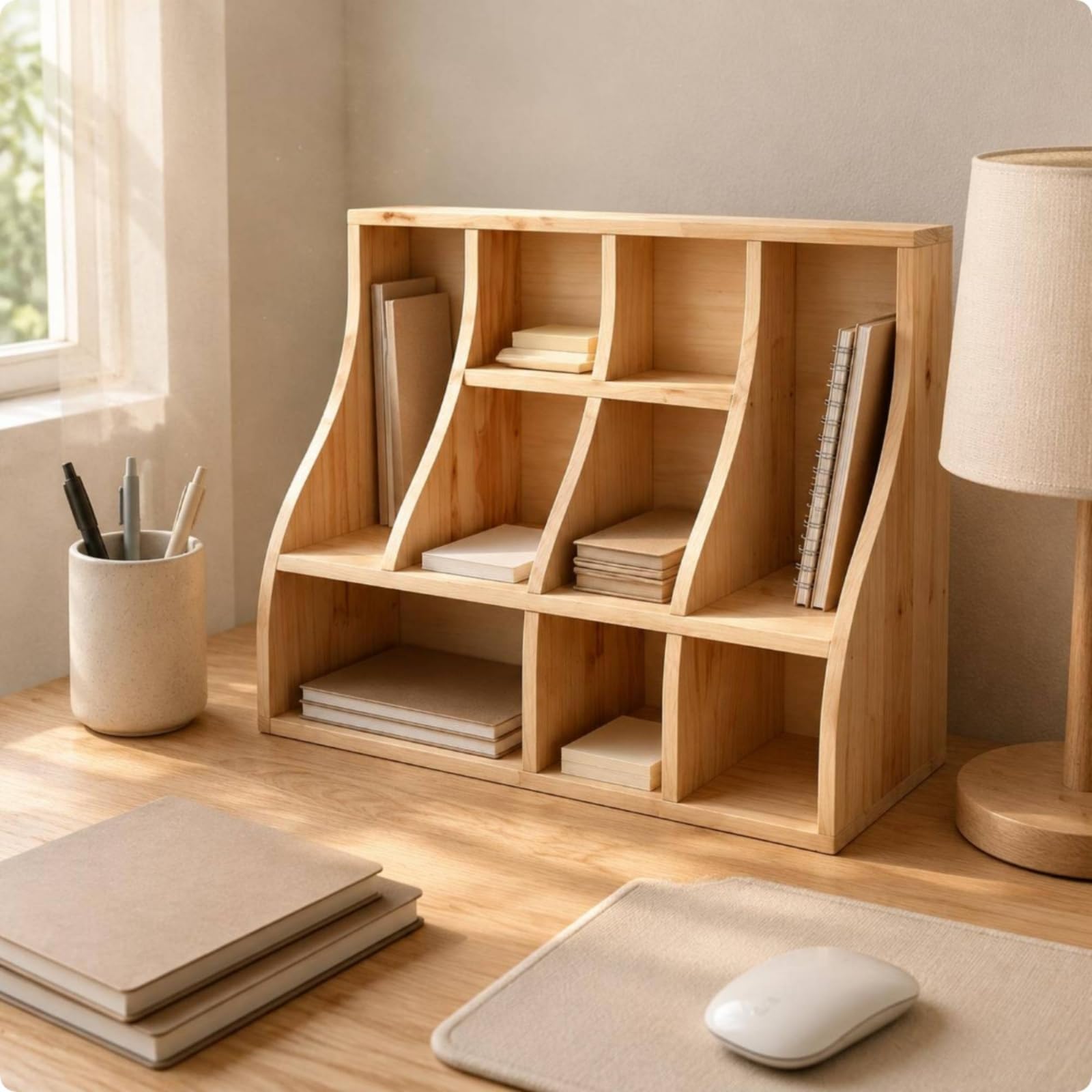 Organizzatore da Scrivania in Legno Divisori Curvi Organizer Scrivania Ripiani Verticale Arredo, Legno Naturale