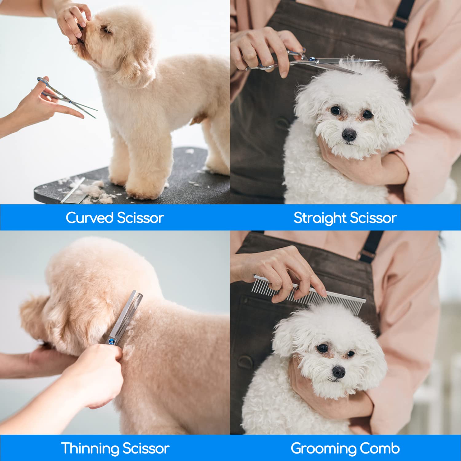 Nobleza Ciseaux pour Chien, Ensemble de 4 Outils Ciseaux Toilettage Chien Professionnel Embout Rond, Cisaille à Effiler/Droite/Incurvé et Peigne, Bricolage Ciseaux Toilettage Chien