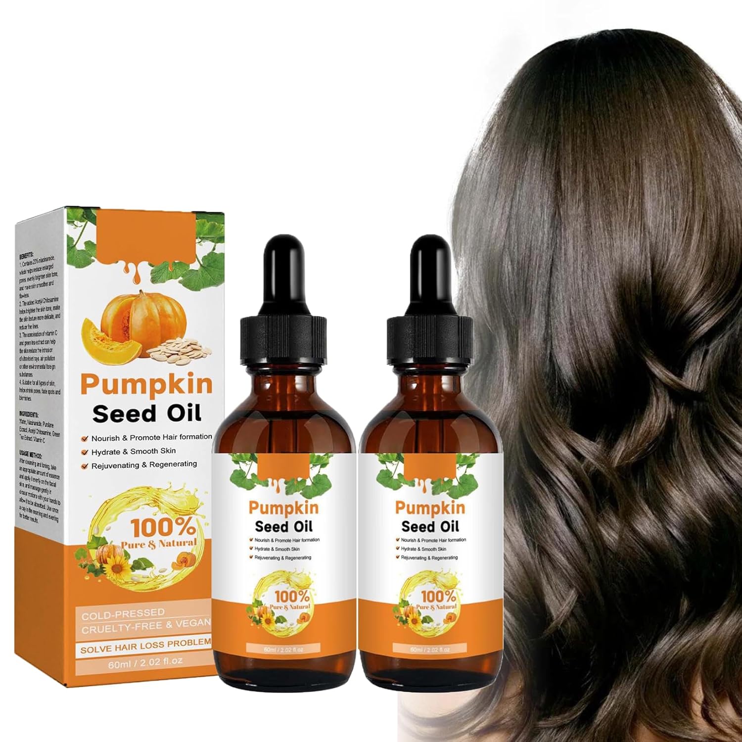 2 x Pumpkin Seed Oil for Hair, 60 ml, Pumpkin Seed Oil for Hair Growth