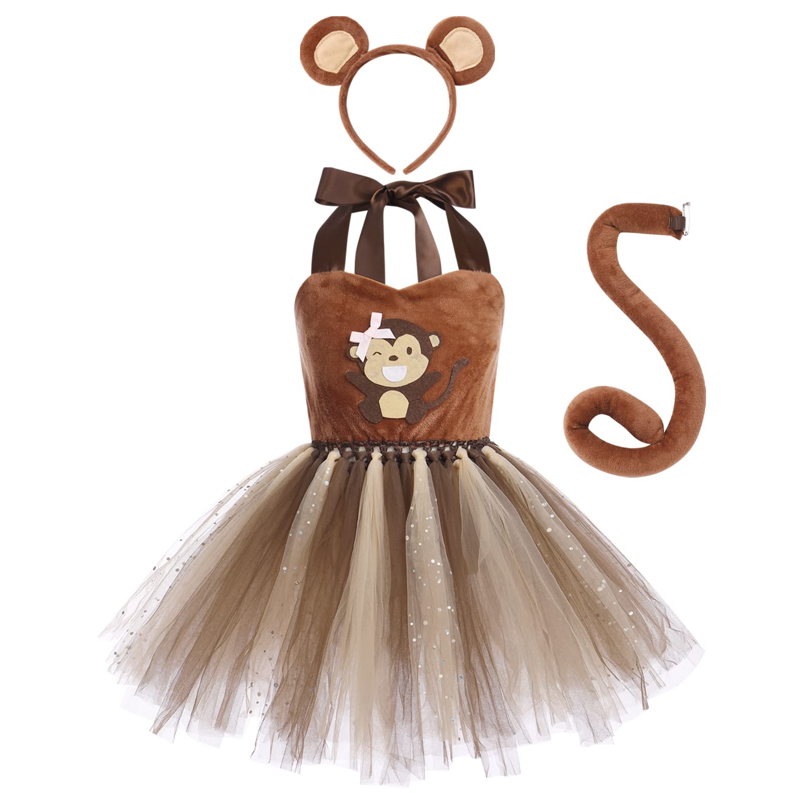 Kid Baby Girls Animal Cosplay Costume Princess Fancy Halloween Dress Up Cat Sheep Monkey Lion Fox Tulle Dress with Headband Tail 3PCS Christmas Carnival Birthday Party Outfit Coffee-Monkey 3-4 Years โ image 1