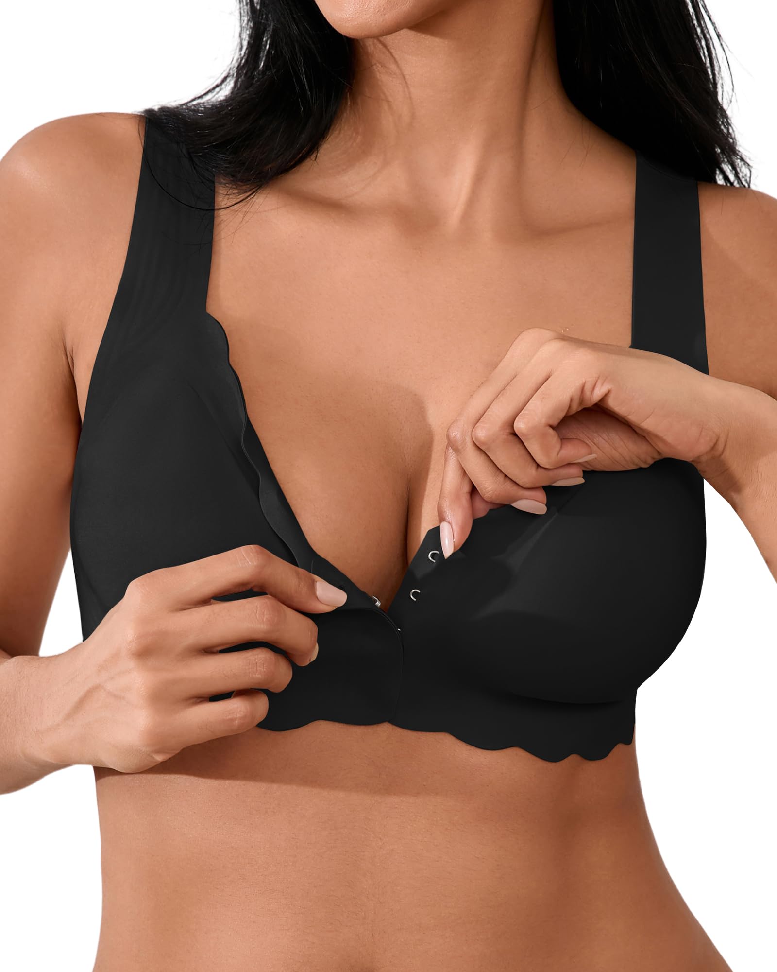 SHARICCA Damen Vorderverschluss BH - Ohne Bügel V Ausschnitt gewellte Ränder Push up BHS Soft Bequem Nahtloser Bralette
