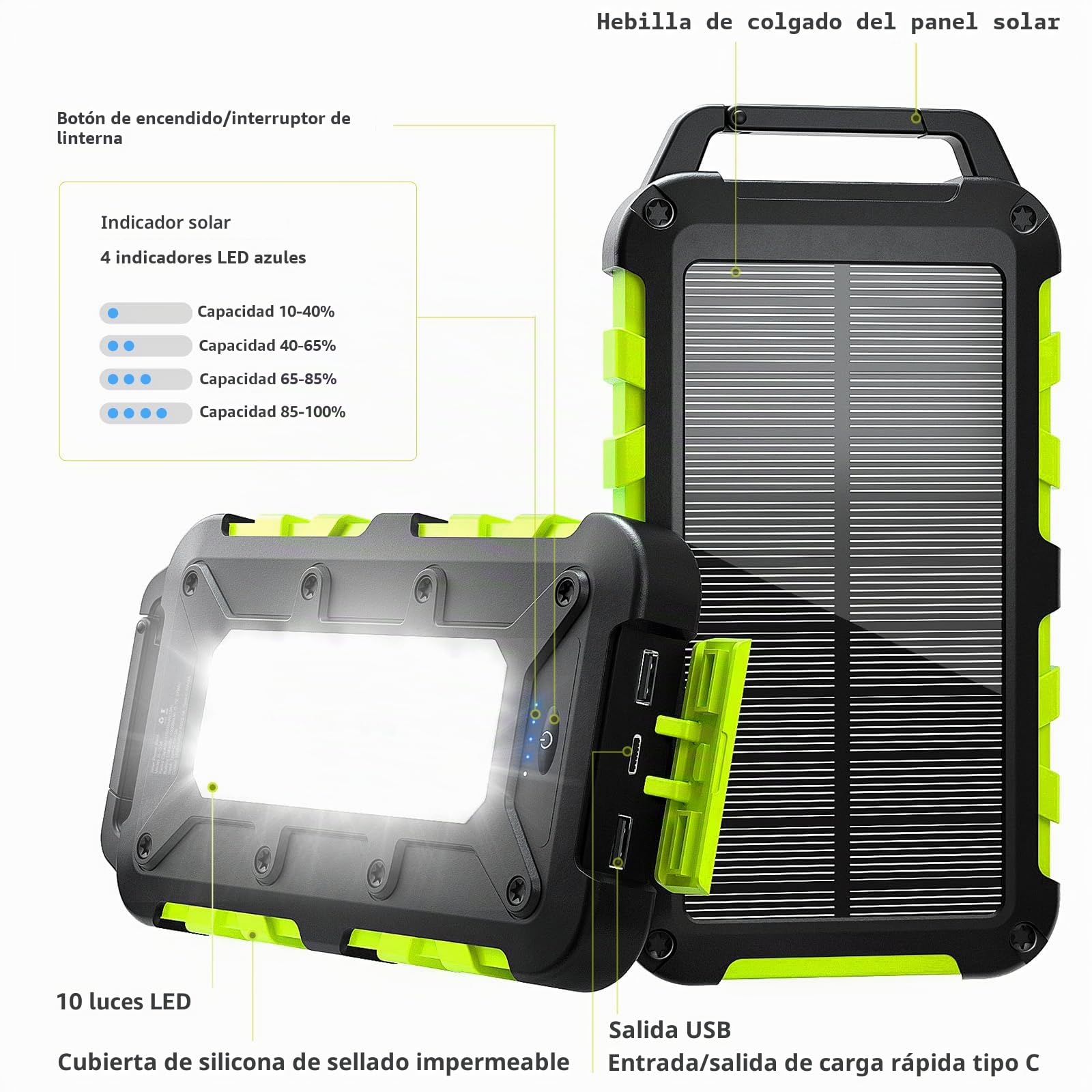 TOENNESEN Cargador Solar 10000 mAh Power Bank Solar, Bateria Externa con Carga Rápida 15W Impermeable IPX4 2 Puertos USB + Linterna LED Compatible con Smartphones Tablets Camping Multicolor