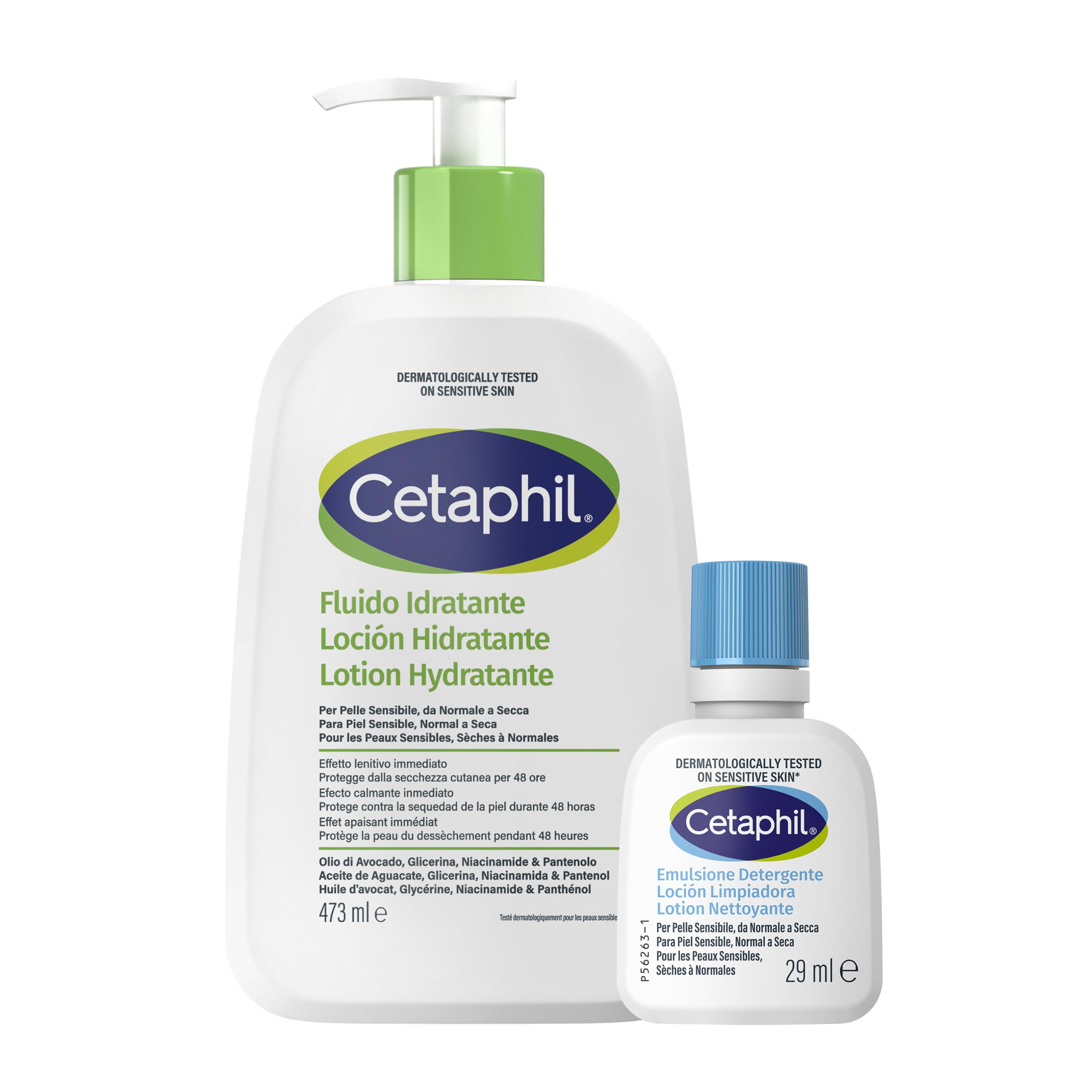 Cetaphil Fluido Idratante, Viso e Corpo 470 ml + Emulsione Detergente, 29ml