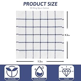 Nialnant Cotton Terry Kitchen Towels,12 x 12 Inches Dish Cloths Set of 8,Super Soft and Absorbent Dish Rags for Cleaning - Navy Blue Plaid