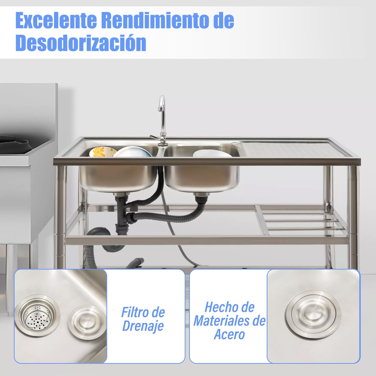 De pie libre de acero inoxidable doble tazón fregadero de uso de acero inoxidable, Comercial restaurante cocina fregadero conjunto w/grifo, tabla de drenaje, lavabo w/banco de trabajo, estantes
