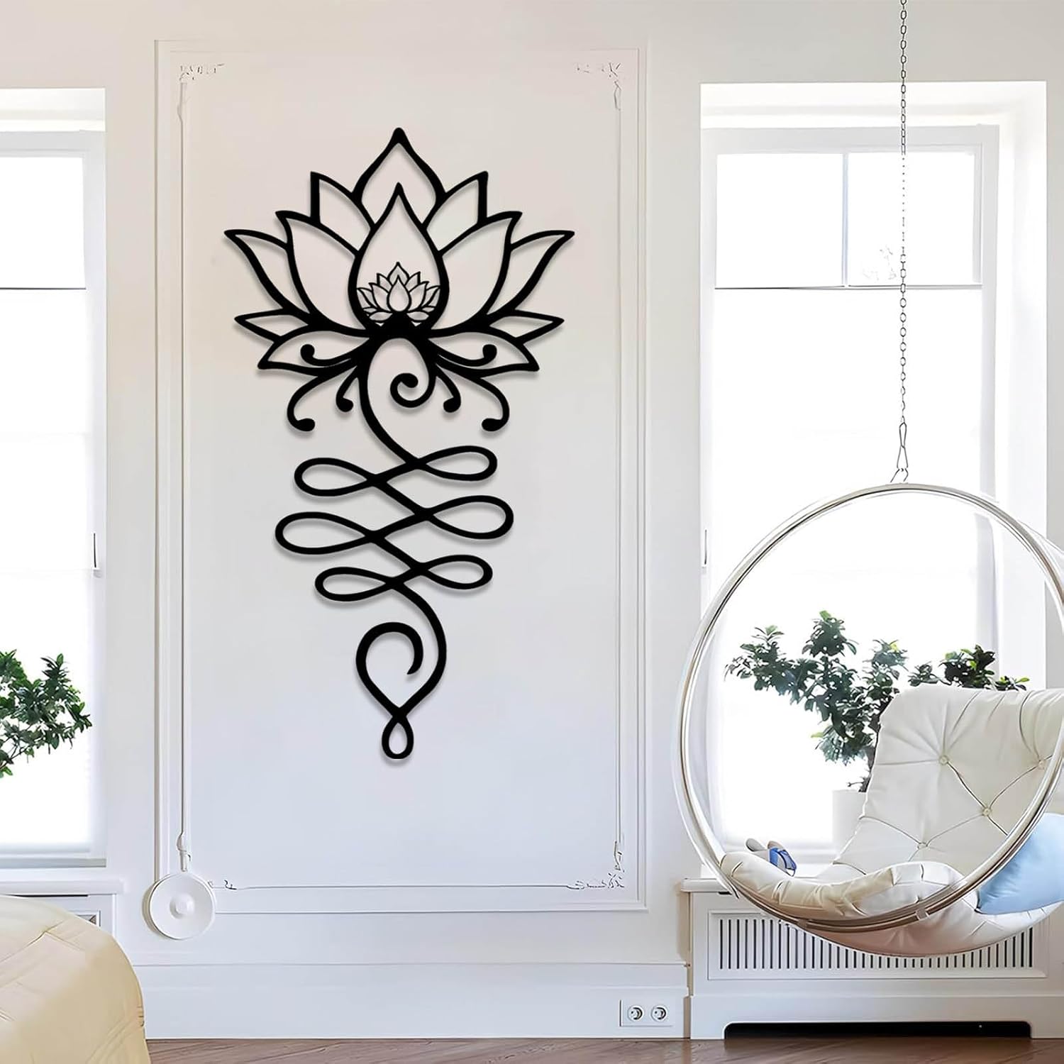 Jogwenu Lotus Flower Metal Wall Art, Lotus Flower Wall Decor, Floral Metal Wall Hanging, Mandala Wall Art, Spiritual Wall Hanging, Meditation Yoga Decor (White, 30"x17"/76x42cm)