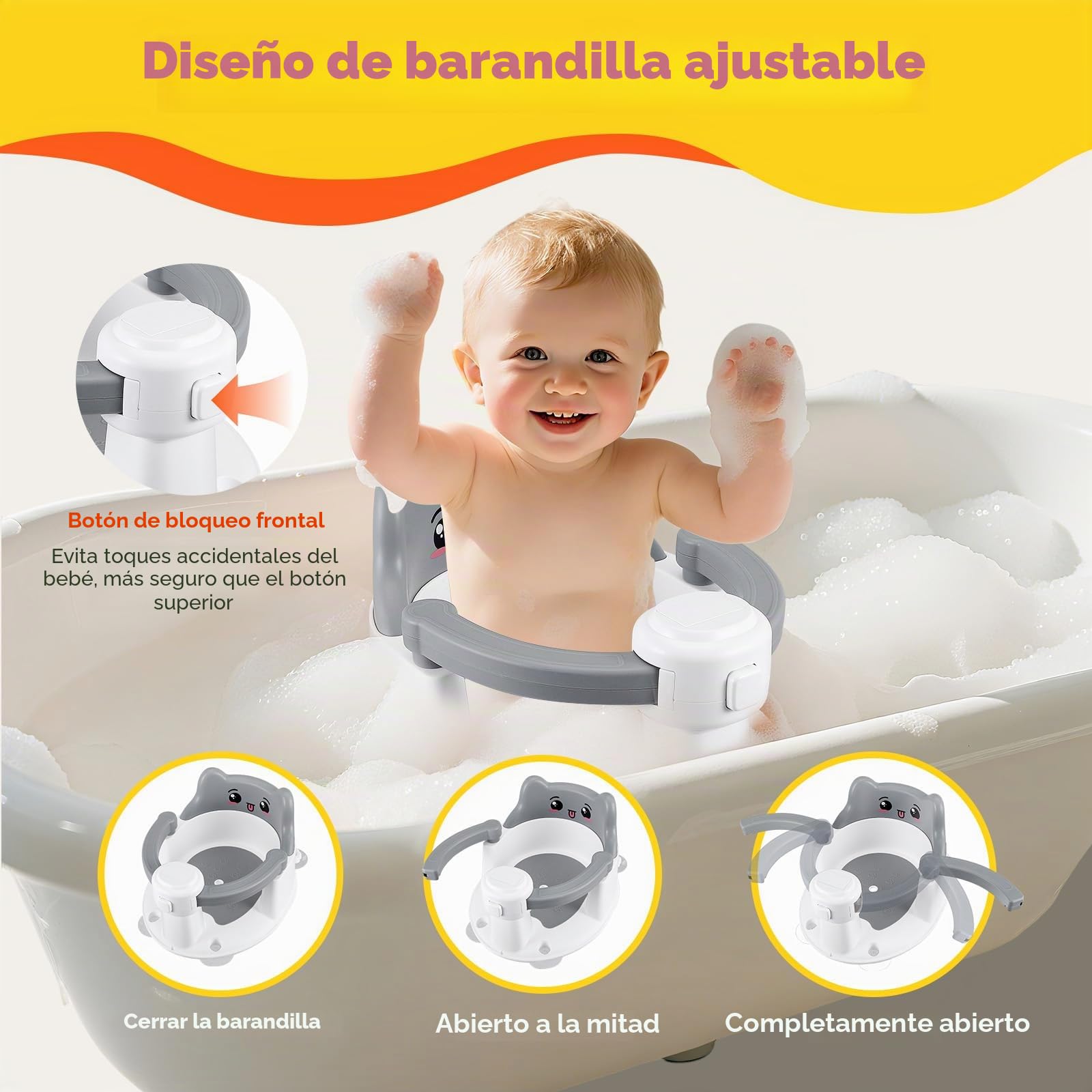 Asiento de baño ajustable y antideslizante para niños de 6 a 15 meses, soporta hasta 12 kg, 2 juguetes, ventosas, diseño ergonómico para un baño cómodo