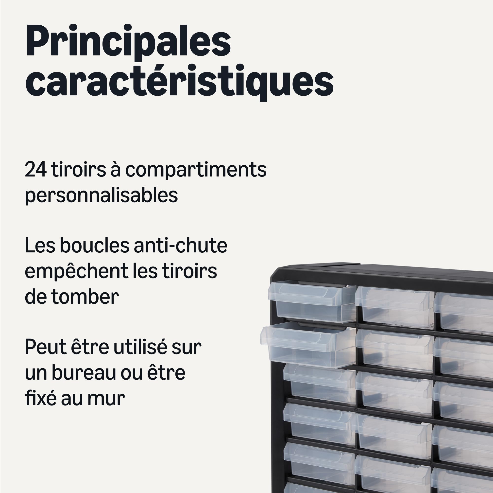Amazon Basics Casier de Rangement, Bloc 24 Tiroirs en Plastique avec Séparateurs pour Bureau/Outils/Loisirs, Fixation Murale, 16 x 54,1 x 40,1 cm, Noir