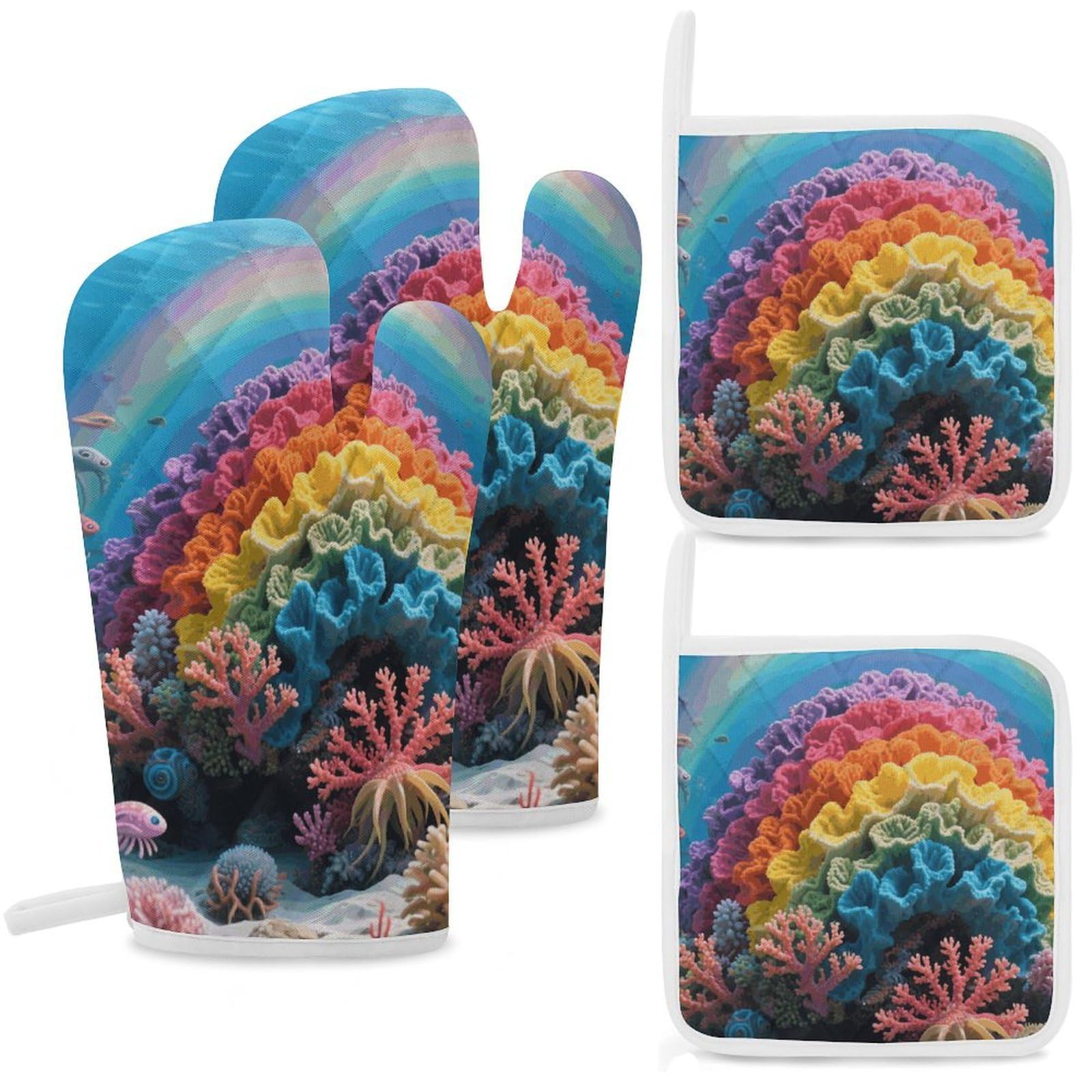 Rainbow Coral Reef Oven Mitts and Pot Holders Sets Heat Resistant Oven Glove with Hanging Loop for Baking Cooking BBQ Thicken Potholders for Kitchen