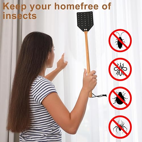 Miniatura 5 de 2 matamoscas de cuero, 19.5 pulgadas de largo, resistente matamoscas manual con mango de madera para interiores y exteriores (negro, marrón)