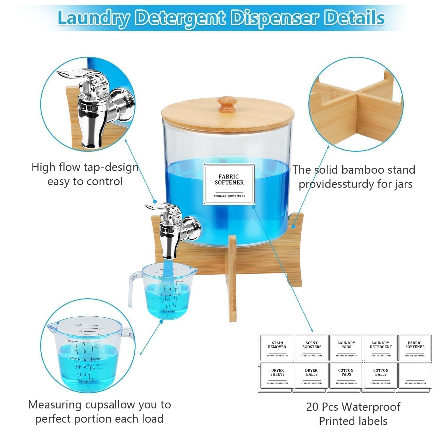 7 L Waschmittelbehälter Wäschereiorganisator Acryl - 2.4 L Wasserhahntyp Waschmittel Aufbewahrung Flüssig Mit Klammer Und Bambusabdeckun (7000ml)