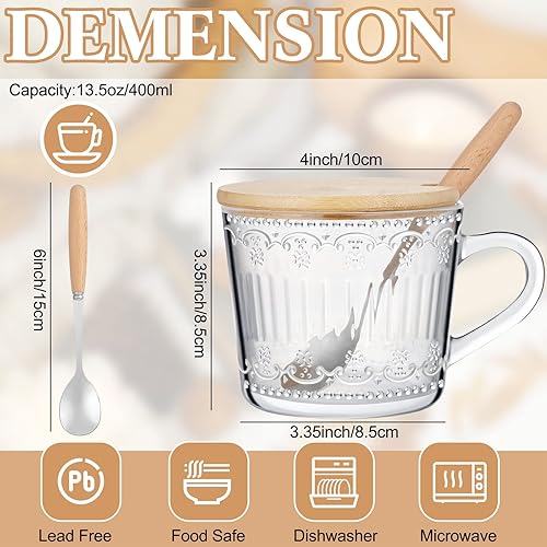 Miniatura 4 de Nuenen 4 juegos de tazas de café vintage con tapas y cucharas de bambú de 13.5 onzas, tazas de té en relieve, vasos transparentes, cristalería