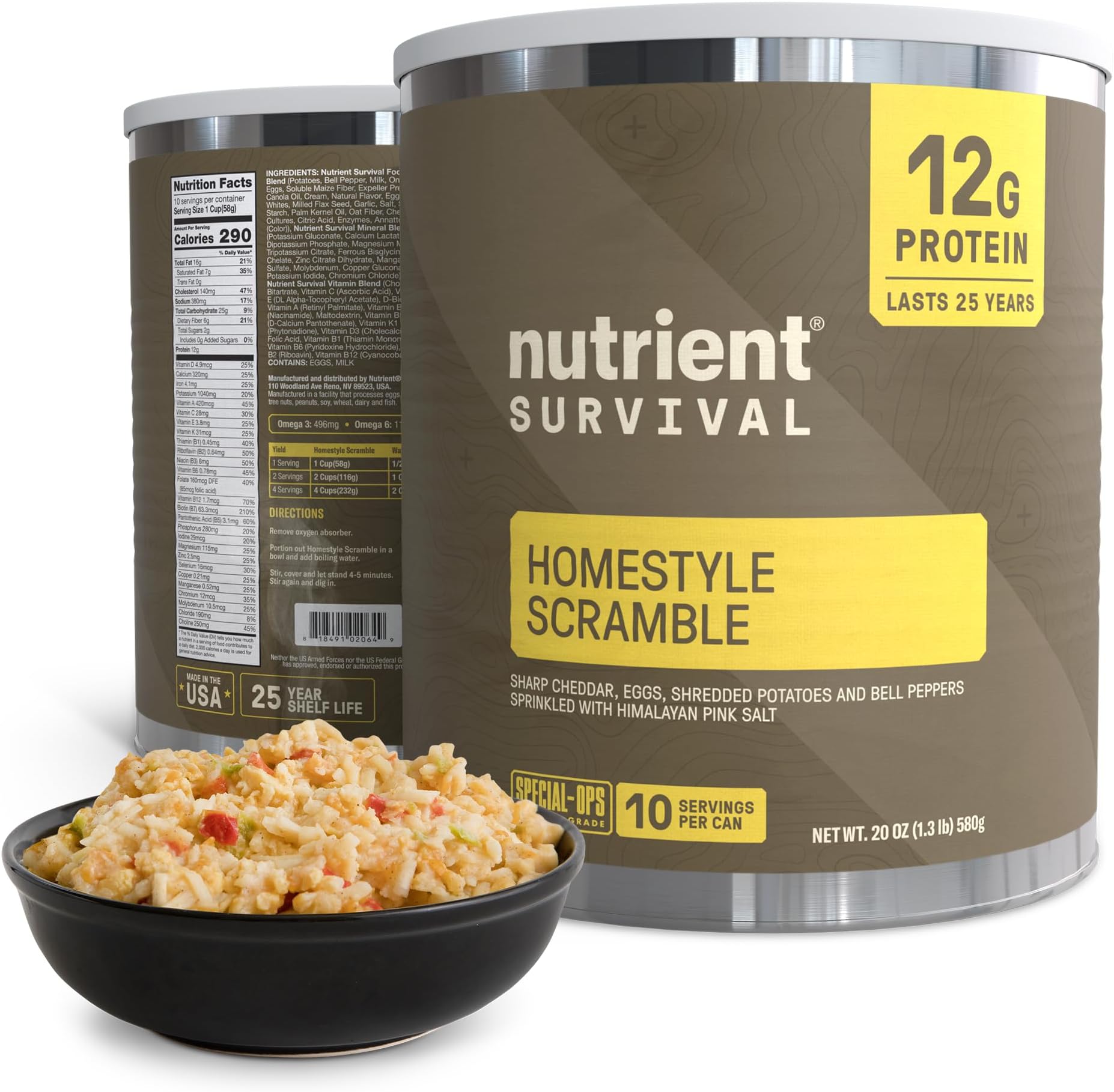 Nutrient Survival MRE Home Style Scrambled Eggs, Ready to Eat Meals (10 Servings), Freeze Dried Prepper Supplies & Emergency Food, 40 Essential Nutrients, Stable to 25 Years, 1 Can