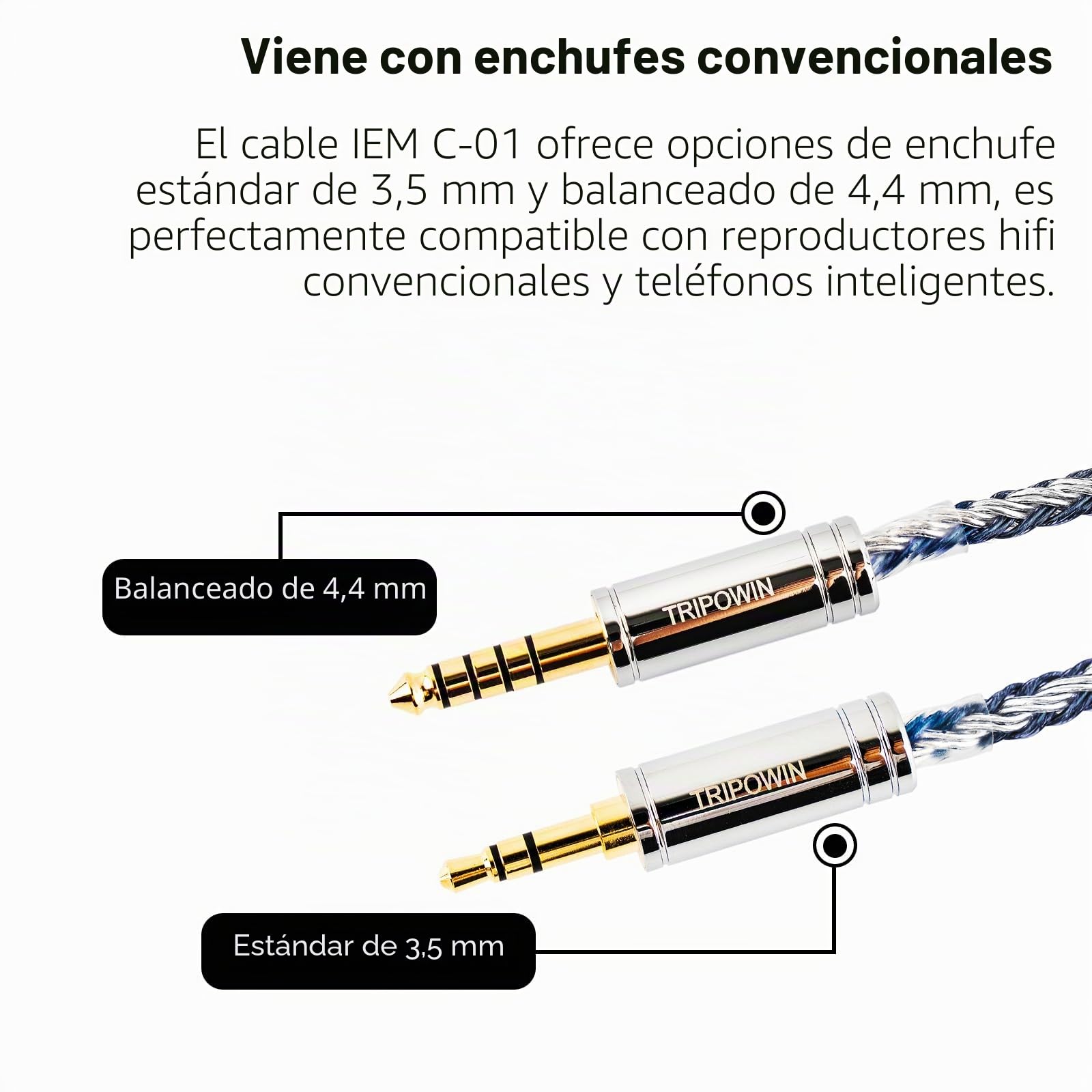 Linsoul Tripowin C-01 IEM - 16 Núcleos Híbrido de Cobre-Plata Cable de Auriculares, OFC y Cobre Plateado HiFi para Repuesto (2Pin, 3.5mm)