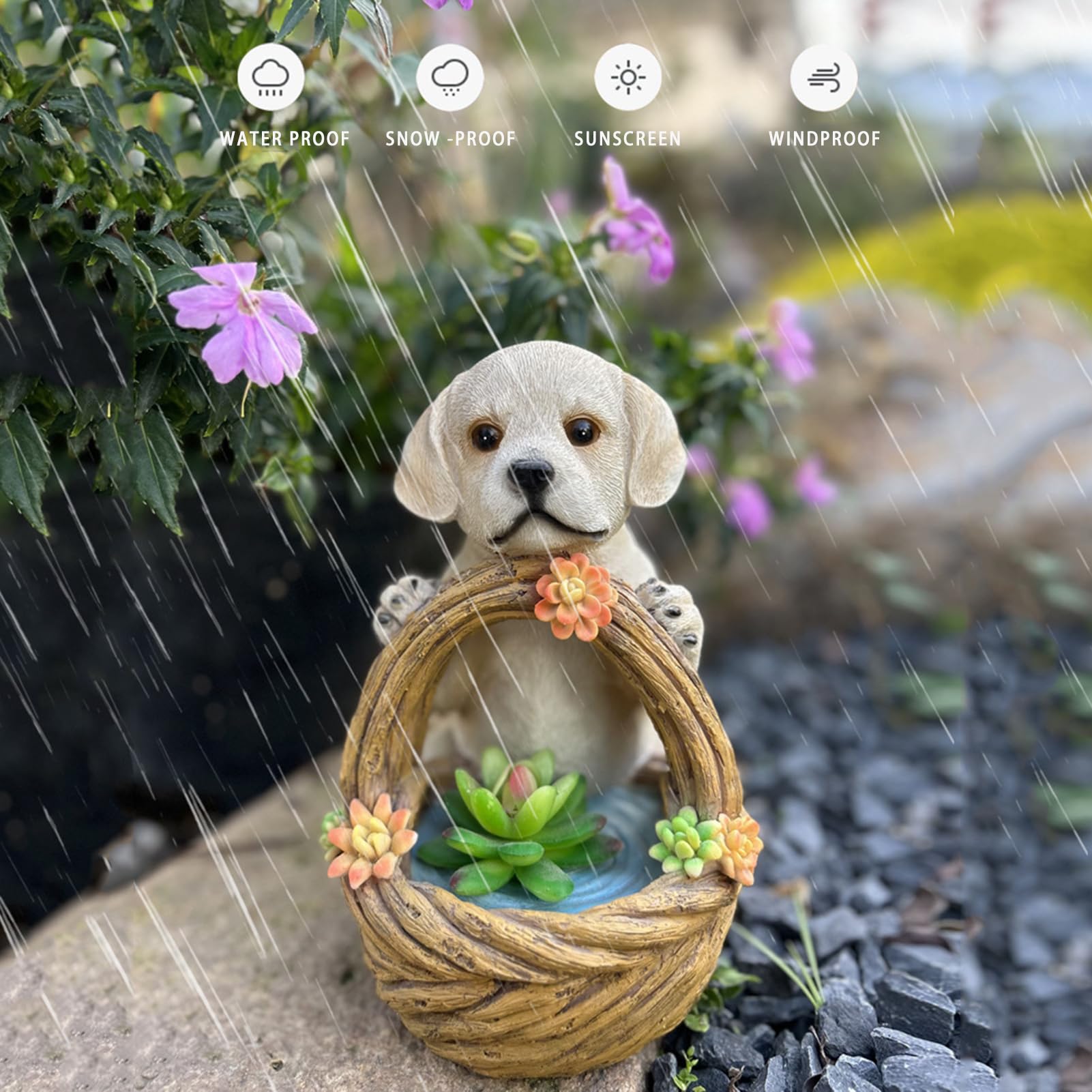 POCHY Figurki ogrodowe do użytku na zewnątrz, dekoracja ogrodowa z koszem na kwiaty, odporne na warunki atmosferyczne, figurki z żywicy syntetycznej, rzeźba psa pamiątkowego