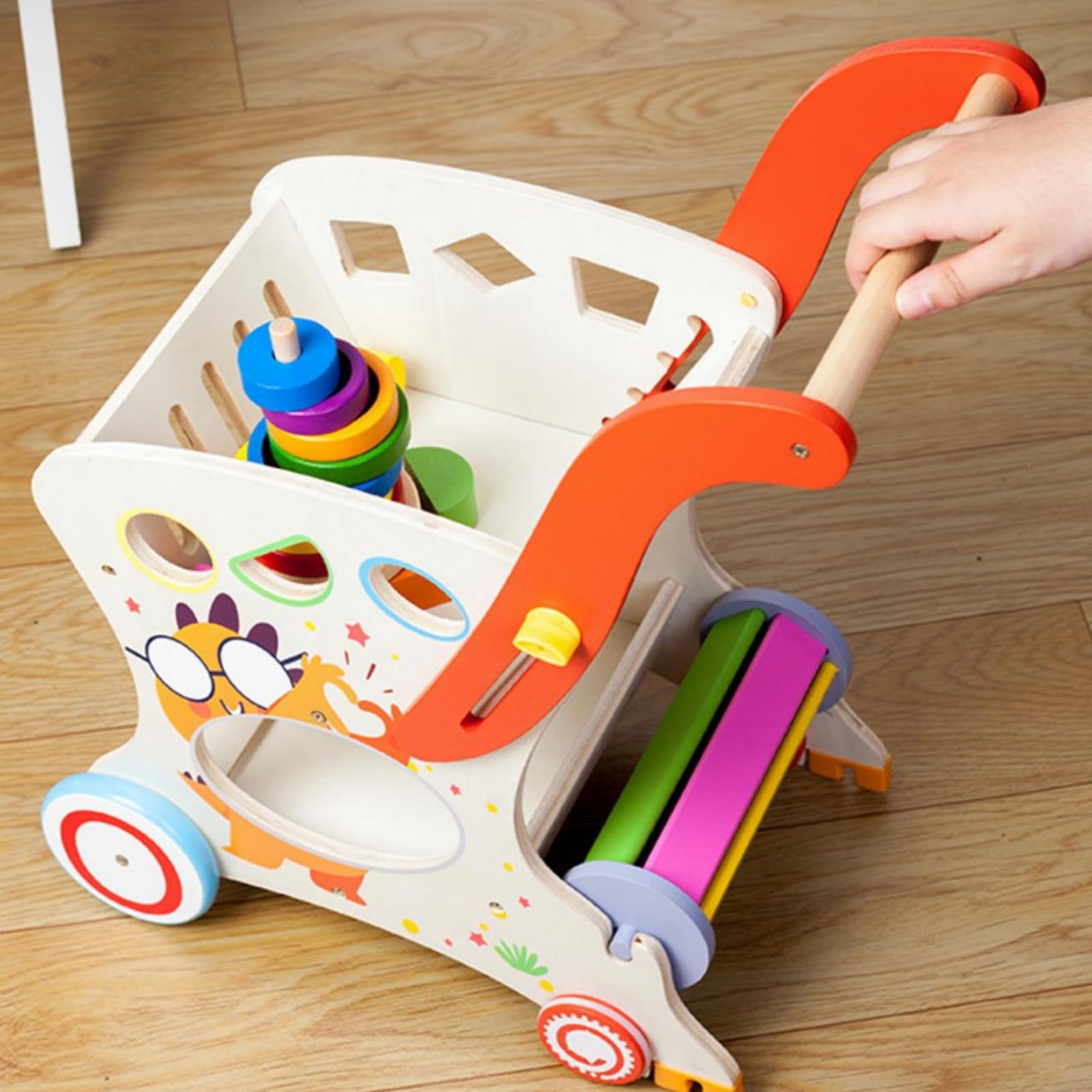 Aktivitätszentrum Spiel-Einkaufswagen Lauflernwagen aus Holz rutschfeste Räder Holz Einkaufswagen für zum Laufen Lernen