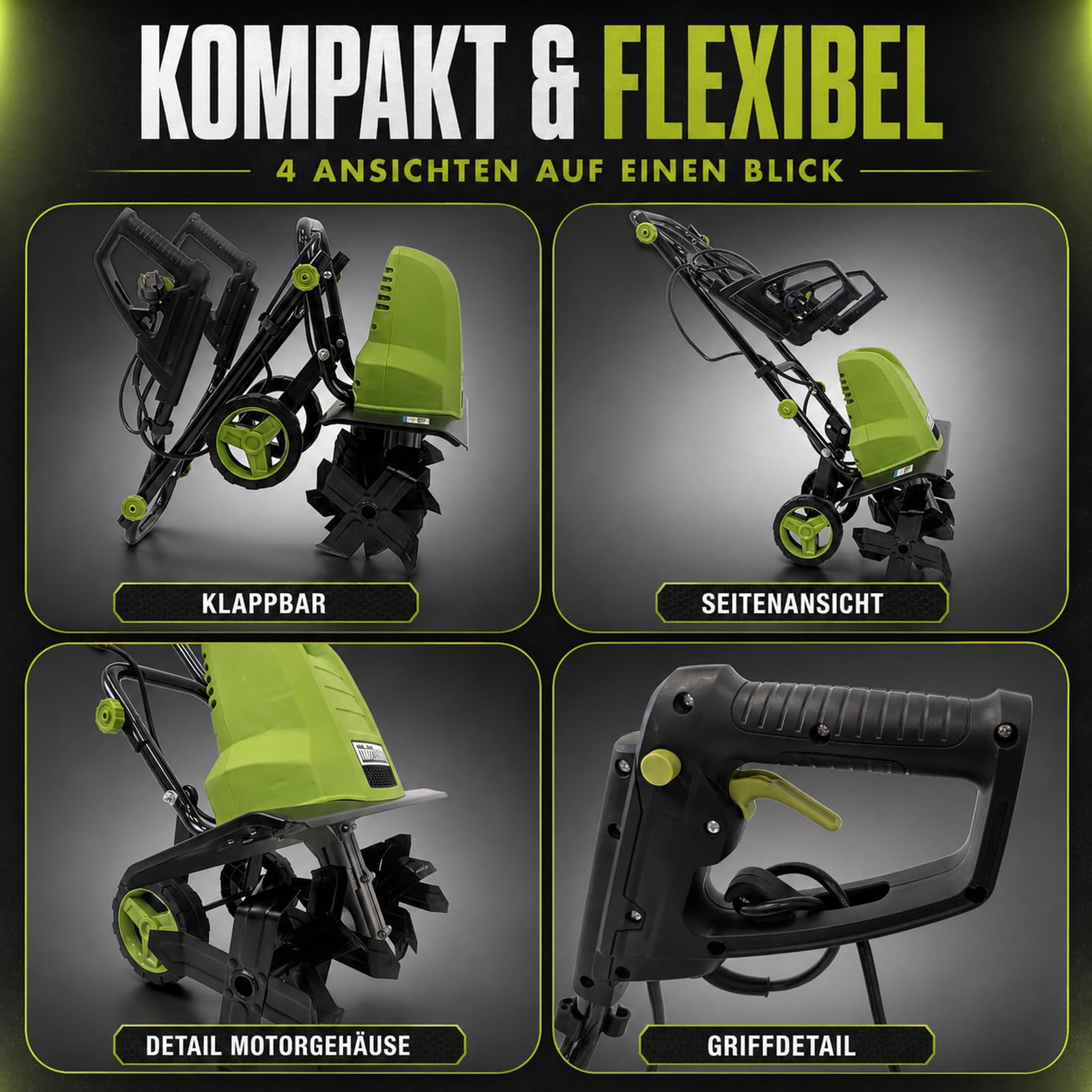TRUTZHOLM Elektro-Bodenhacke 24 Stahlmesser 45cm breit 22 cm tief 1500W Netzbetrieb Transporträder klappbar Gartenfräse zur Bodenbearbeitung