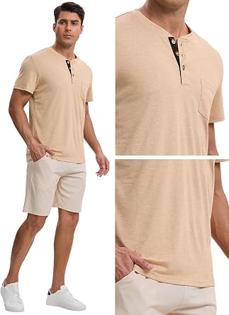 Men's Henley T-Shirts Casual Summer Short Sleeves Button Basic Tee