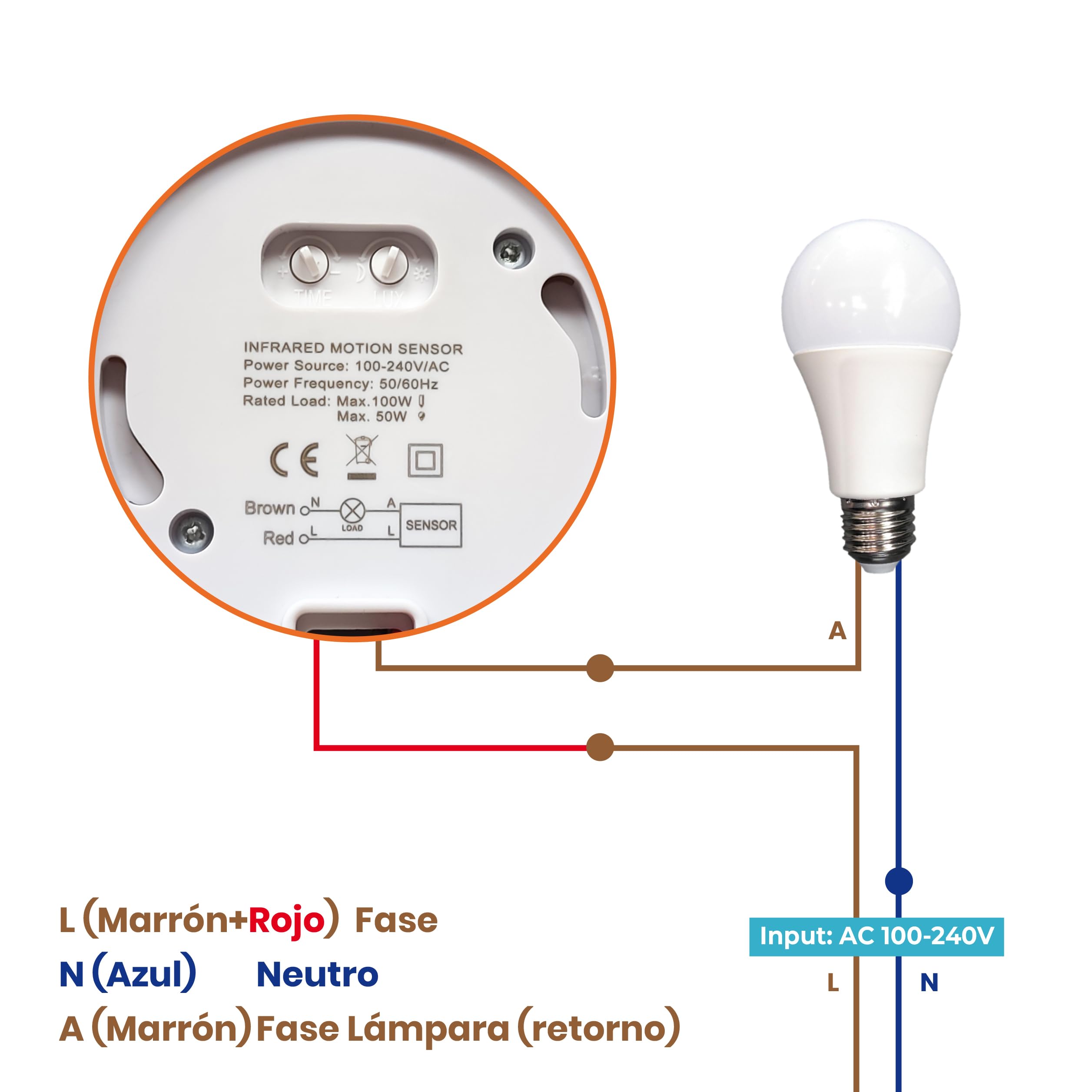 LED ATOMANT 5X Detector de Movimiento PIR Superficie con Sensor Luminico | Detector infrarrojos, Alcance 6m, Angulo deteccion 360º, Sensor luminico regulable