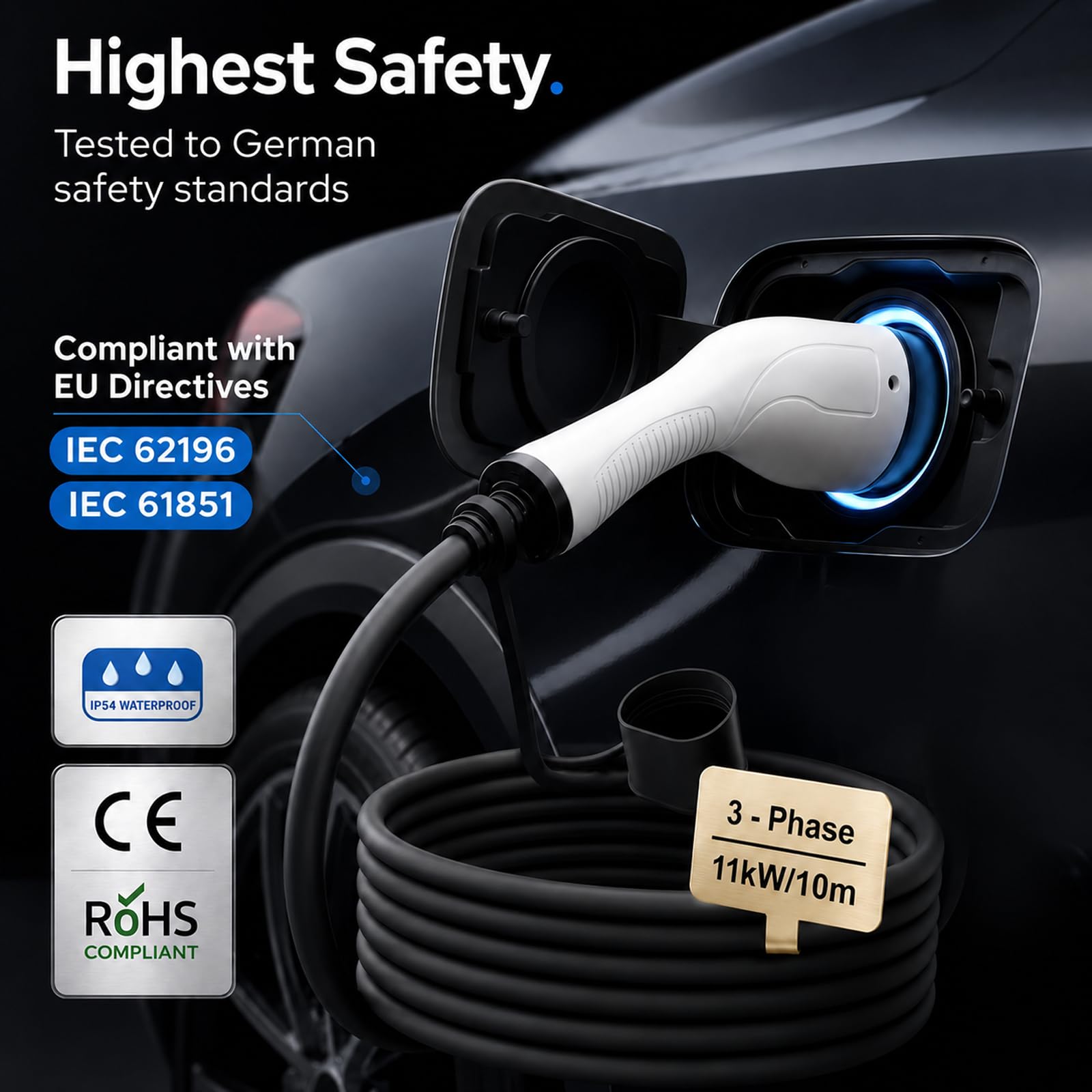 Cavo di ricarica tipo 2, 11 kW, 10 m, estremità aperta per auto elettriche e ibride, cavo di ricambio 3 fasi, 16 A, 10 m, per Wallbox e stazione di ricarica per EV PHEV tutte le auto elettriche
