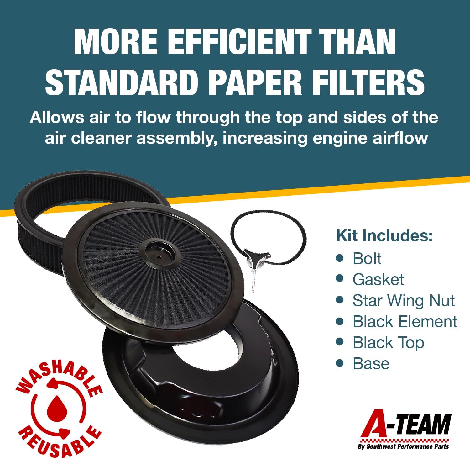 A-Team Performance High Flow Throttle Body Air Intake Filter - 14 in x 3 in, Round, Black - Carburetor Air Filter Kit - Washable & Reusable Design - Compatible with Chevrolet, GMC & Ford Models