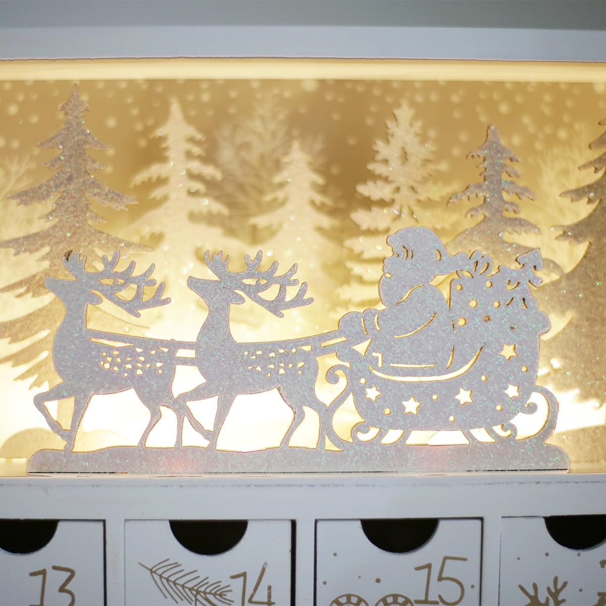 PE Weihnachten Adventskalender zum Befüllen Holz mit LED Kinder -Winterwald Szene-24 Schubladen Weihnachtskalender mit Silber Rentier Dekorative & Funktionale Aufbewahrung von Weihnachtsgeschenken