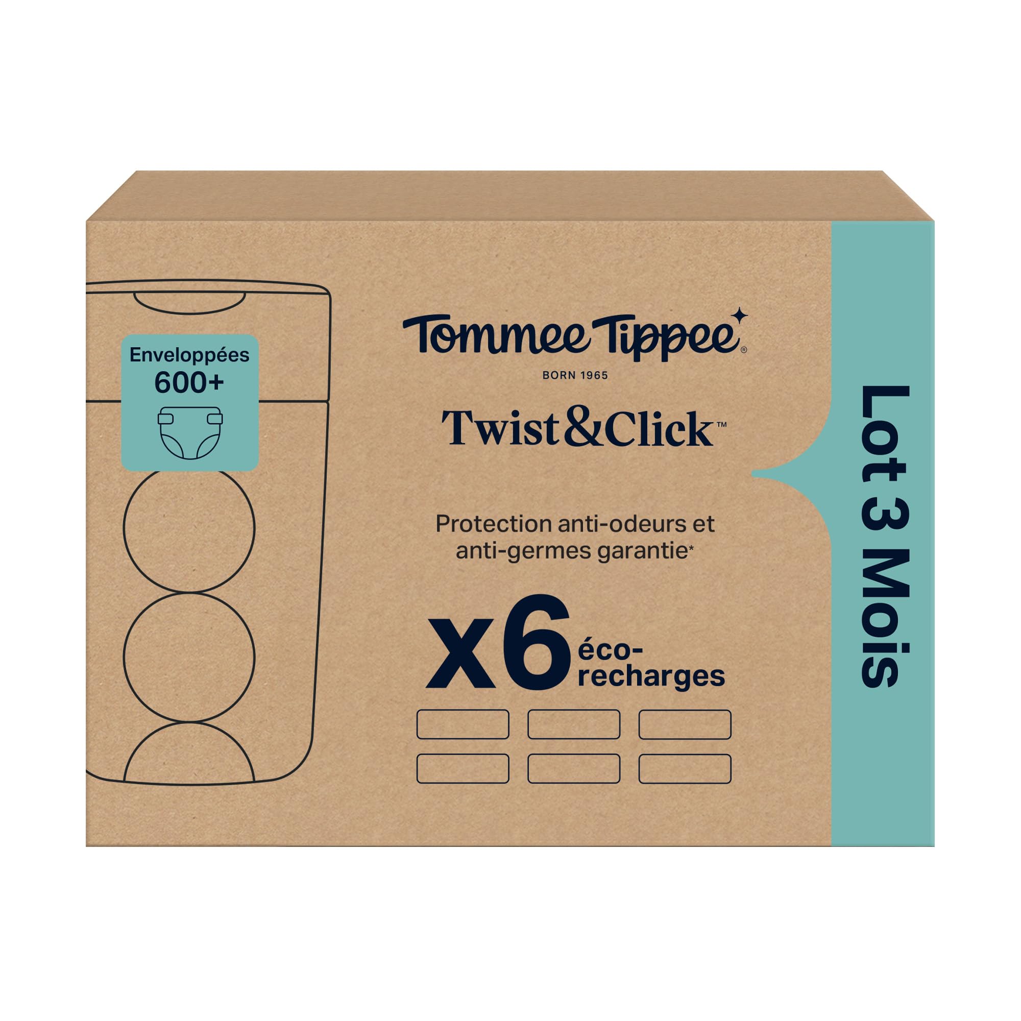 Tommee Tippee Film de Recharge Poubelle à couches Twist & Click, Lot de 6, 10,5m, Antibactérien