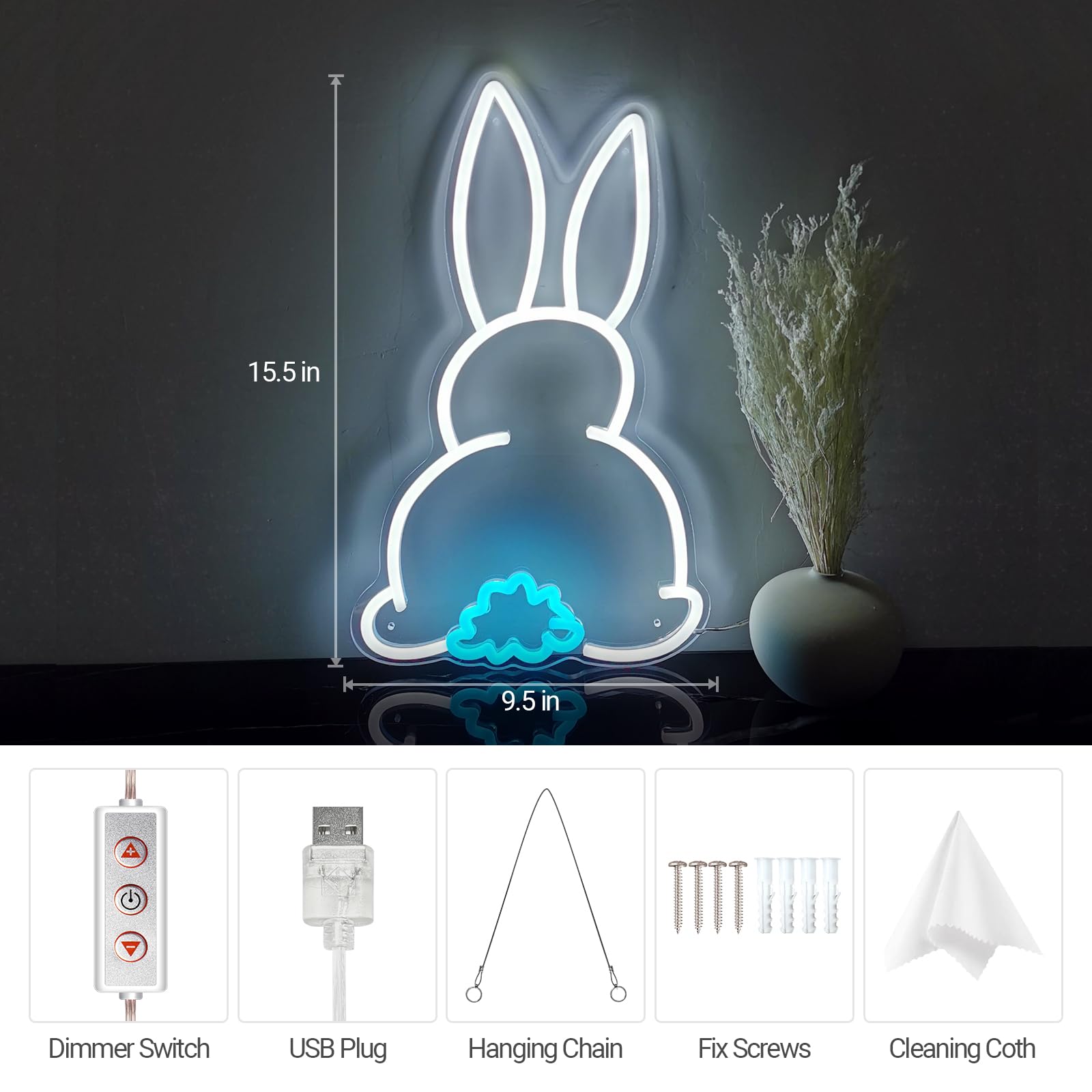 Easter Rabbit Neon Sign for Easter Wall Decor, Dimmable LED Bunny