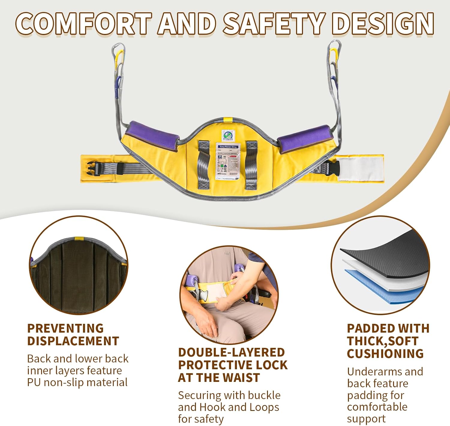 500 lb Capacity Sit to Stand Lift Sling with Back Support, Standing Assist Transfer Sling for Elderly & Disabled Adults, Padded Non-Slip Stand Aid Sling with Reinforced Handles (Yellow, Large)