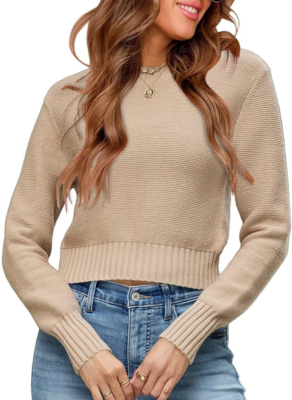 Womens Fall Cropped Sweaters 2026 Trendy Long Sleeve Crewneck Ribbed Knit Pullover Jumper Tops