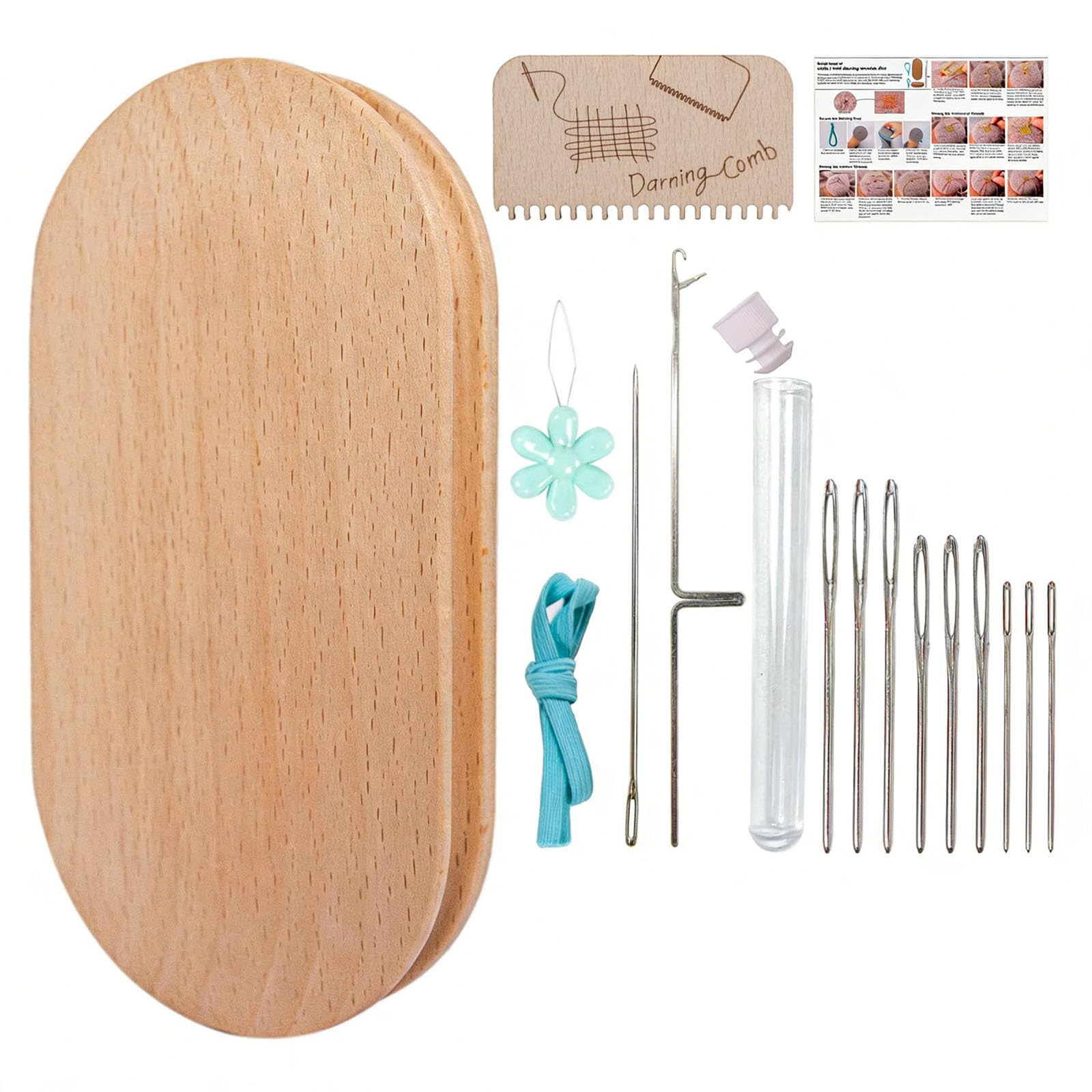 Sewing Repair Set Includes Wooden Elliptical Darning Tool and Large Eye Knitting Needle for Mending Sweaters Socks Hat Darn Tool