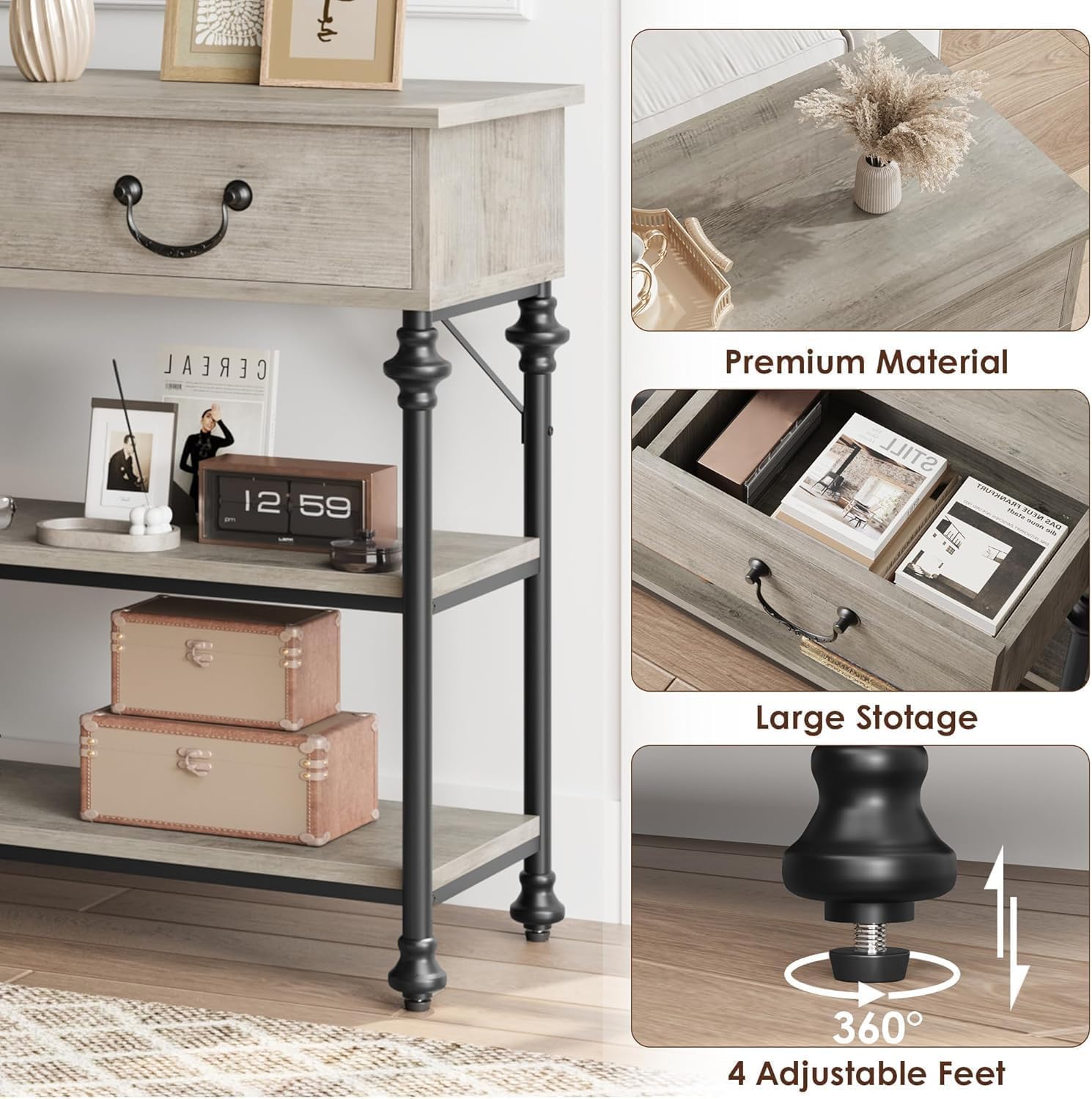 GarveeHome Mesa Consola Estrecha Moderna con 2 cajones y estantes – Estilo Columna Romana, Patas Calabaza – para recibidor, salón, Pasillo o detrás del sofá – Estructura Robusta – Color Gris