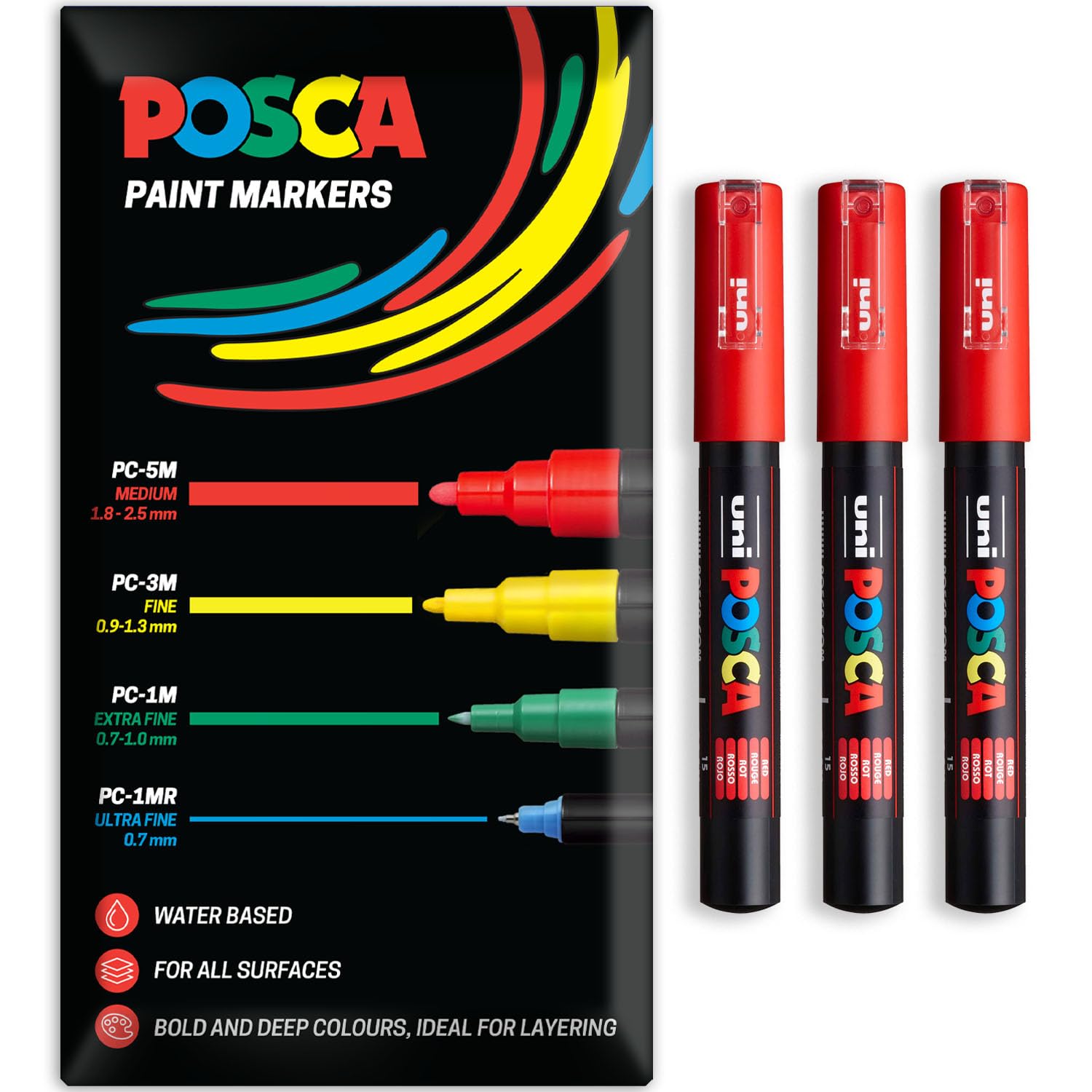 Posca Water Based Acrylic Paint Marker Pens | Multi Surface Use Permanent Paint Pen | Pack of 3 Pens in Envelope Gift Packaging | Glass, Fabric, Canvas, Wood etc | PC-1M, Red โ image 1