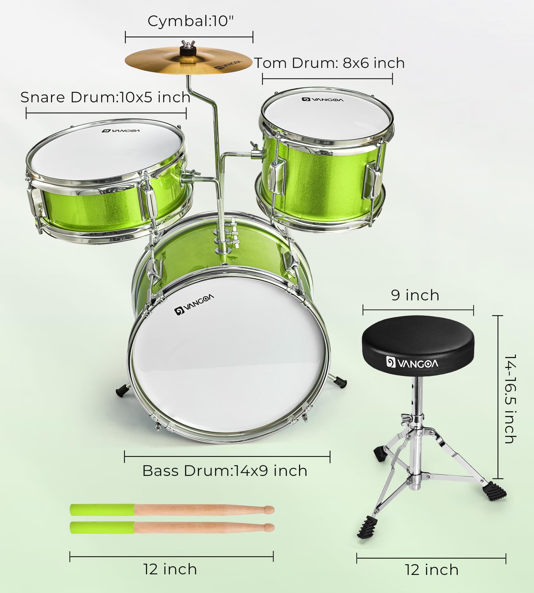 Vangoa Kids Drum Set 3-Piece for Beginner, 14" Junior Drums Kit w/Bass Tom Snare drum, Adjustable Throne Cymbal Pedal & Drumsticks, Complete Starter Drumset Full Bundle for Children Boys Ages 3-12