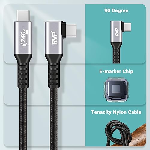 Miniatura 7 de Cable USB C de 90 grados (paquete de 2, 240 W, 3 pies), cable tipo C a tipo C, cable de carga rápida PD 3.1 en ángulo hacia arriba hacia abajo
