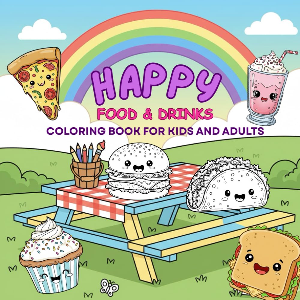 Happy Food: colouring book for kids and adults: Cute & Easy Kawaii Food Illustrations for Kids and Adults