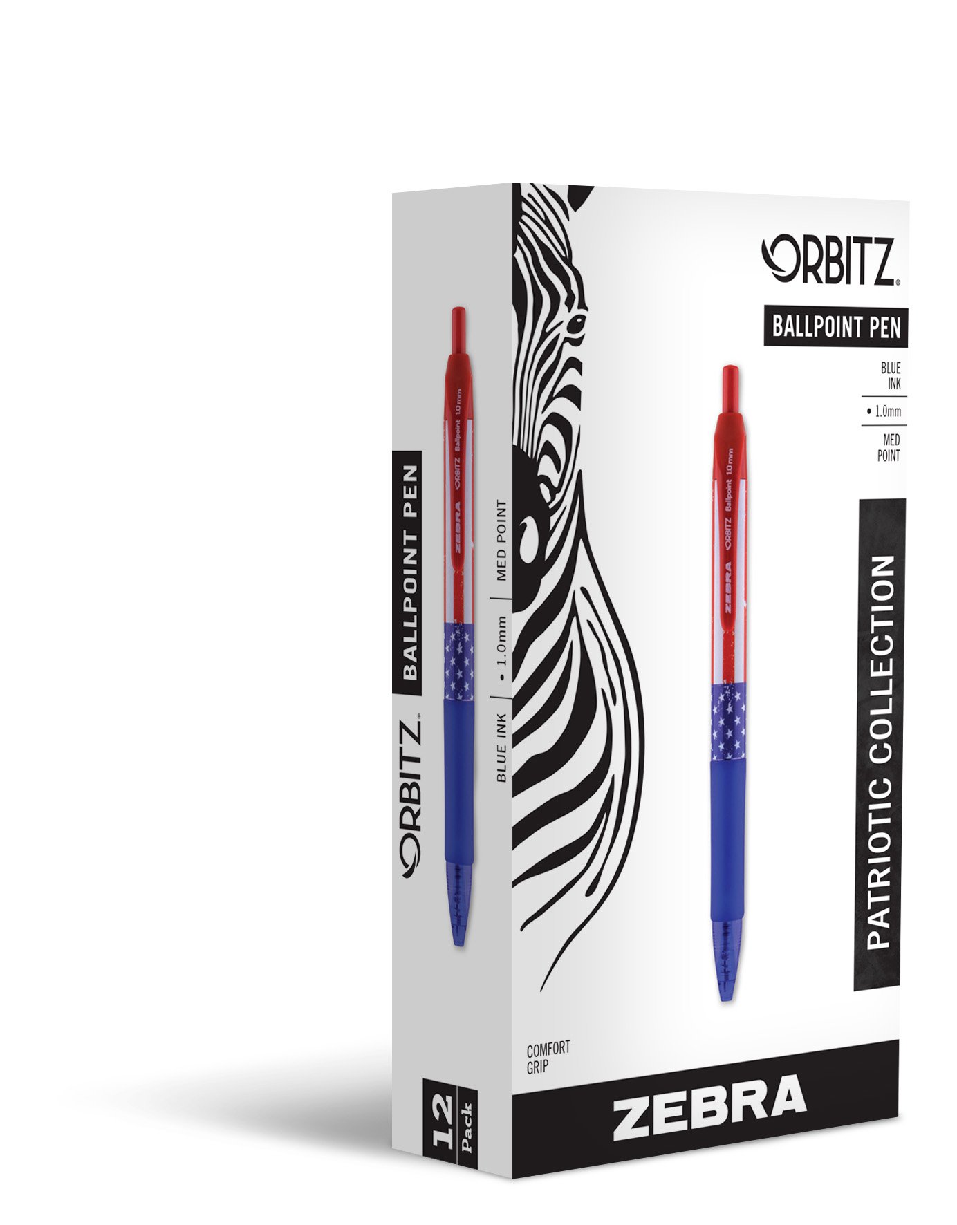 Zebra Orbitz Retractable Ballpoint Pen, Medium Point, 1.0mm, Blue Ink, American Flag Print, 12-Count