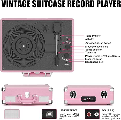 Miniatura 2 de Tocadiscos de vinilo portátil de 3 velocidades Bluetooth con maleta con altavoces incorporados, salida de línea RCA auxiliar en conector de