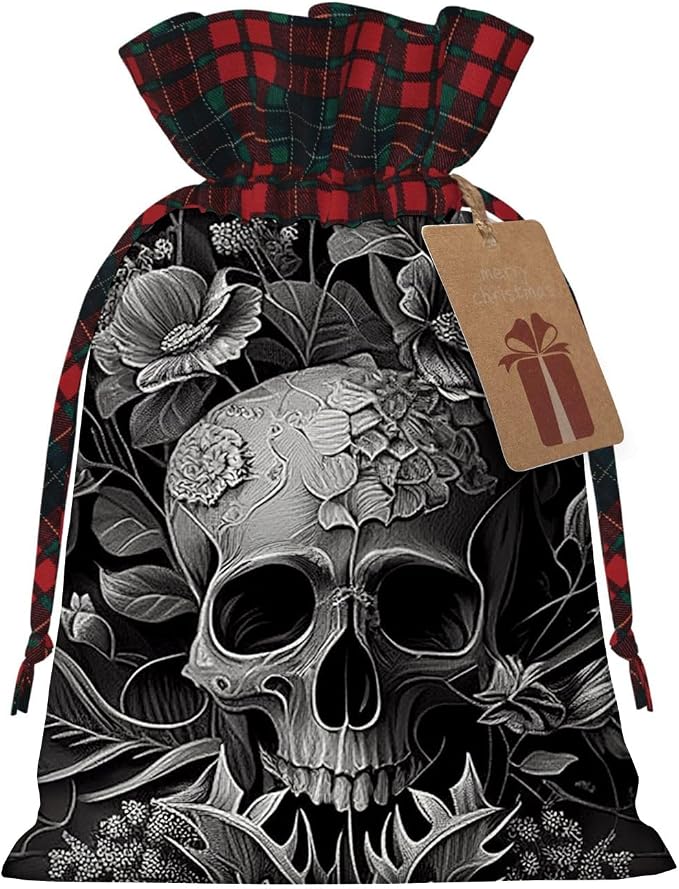 Yioniii Skull and Flowers pattern Christmas Gift Bags Santa Sack with Drawstring, String Backpacks for Gifts Treat and Candy，Light Gray,size M