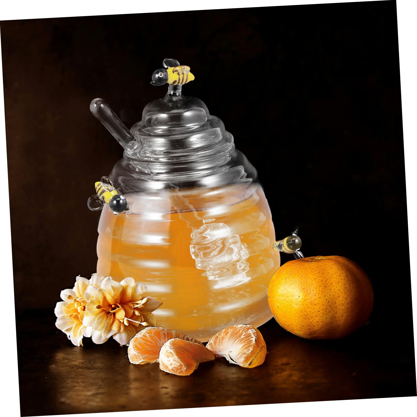 OKUMEYR 1Set with Dipper High Borosilicate Glass Honey Pot Container Compact Honey Dispenser for Home Storage for Honey Sugar and Salt Housewarming present