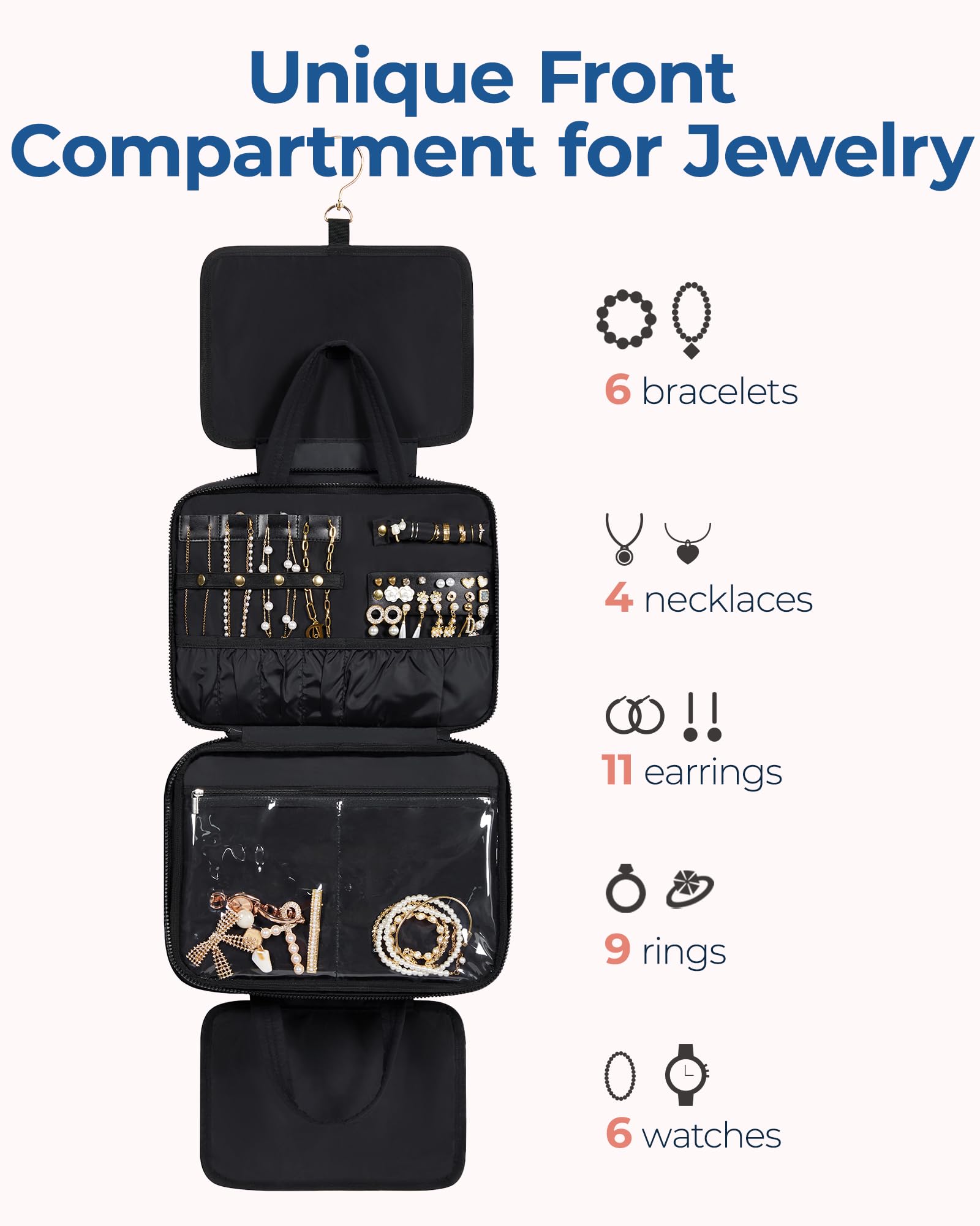 BAGSMART Kulturbeutel zum Aufhängen, Kulturtasche für Damen, Kosmetiktasche Groß, Toilettentasche Damen Reise Schmuck Organizer, Puffy Makeup Cosmetic Bag Organizer, Schwarz