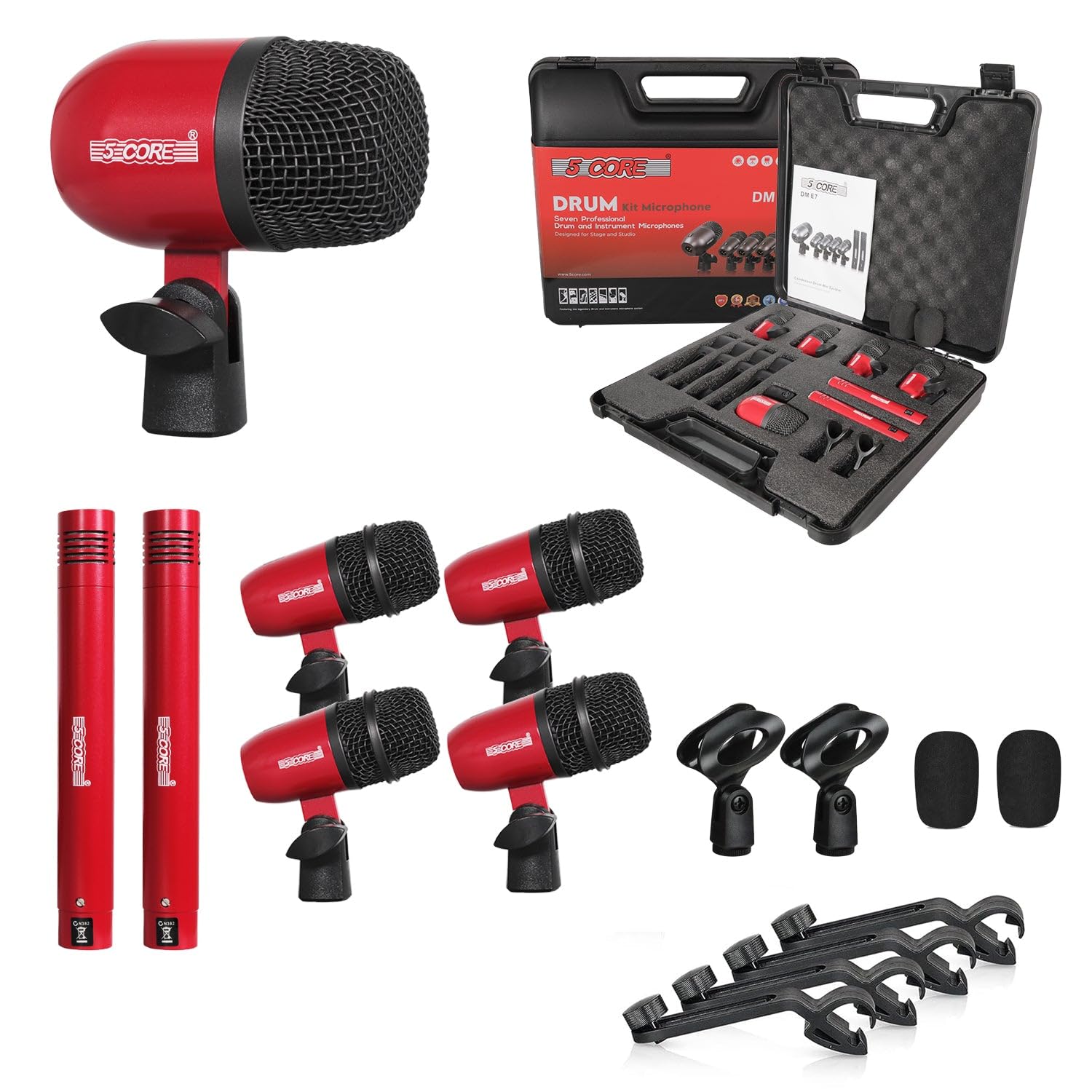 5 CORE Drum Mic Kit 7 Piece All Metal Drummer Microphone Set Red