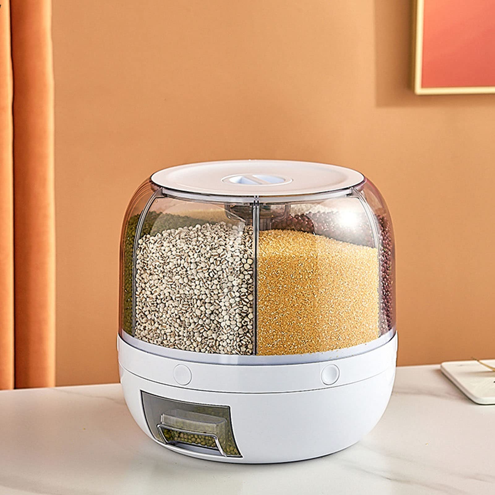 Dispenser di Riso, Distributore di Cereali 6 Griglie Organizzazione di Stoccaggio del Grano di Rotazione in PP per la Cucina di Casa Mais di Soia(#1)