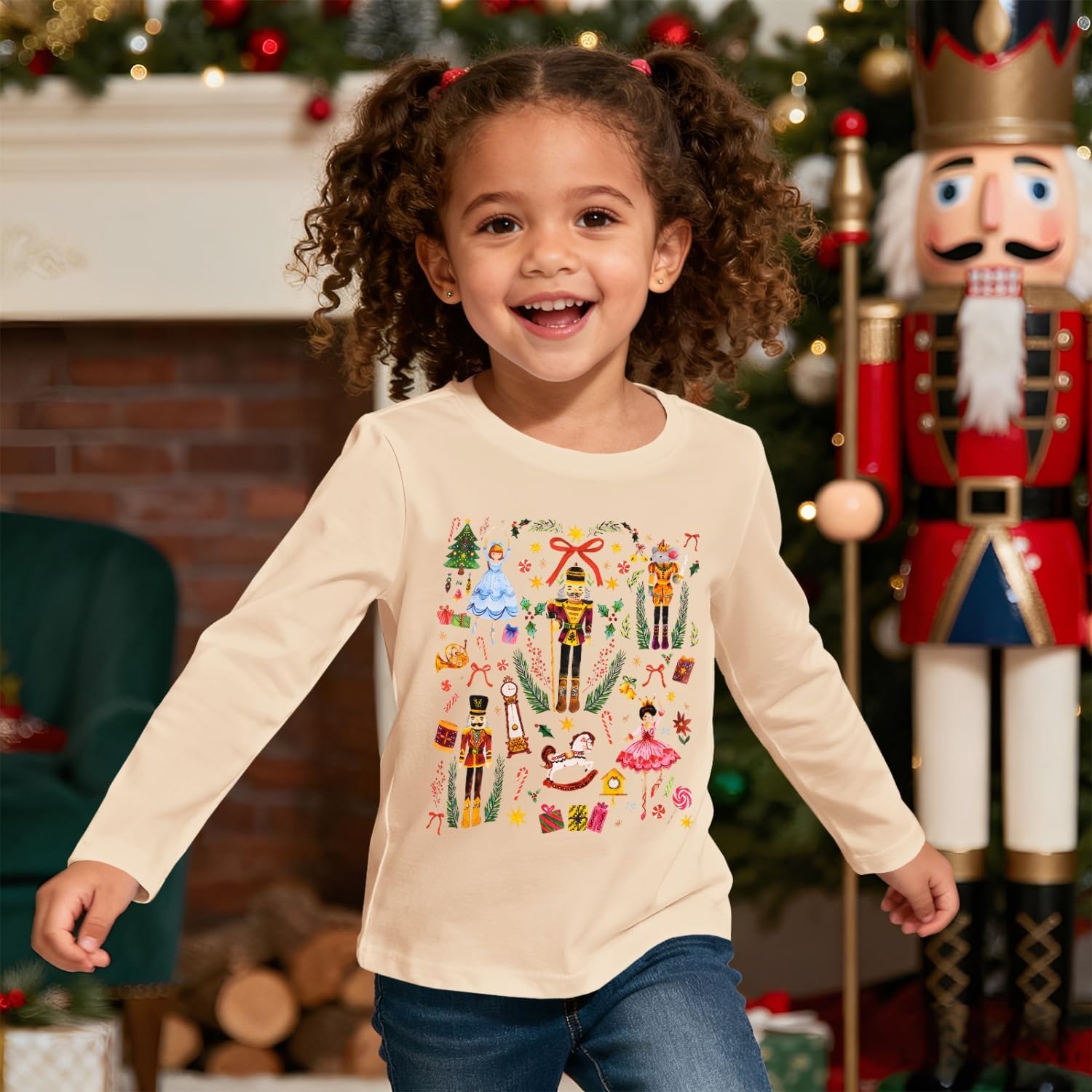 Ritatte Toddler Girls Christmas Shirt Nutcracker Ballet Graphic T-Shirt Xmas Holiday Tees Cute Fall Kids Long Sleeve Tops
